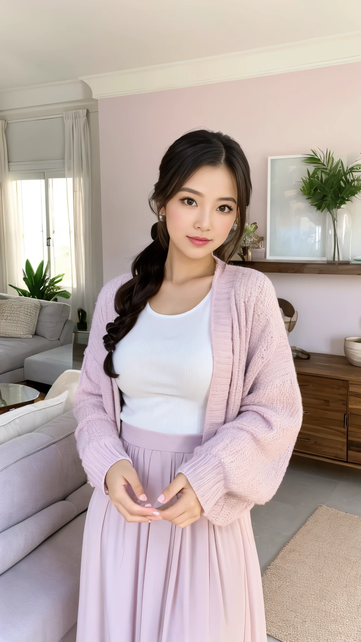 RAW, Best quality, high resolution, (masterpiece: 1.3), half body shot, cute Indonesian woman, Masterpiece, curvy body, high ponytail, cute face, bright skin, fair skin, cute eyes, light make up, standing in living room, feminine gesture, graceful expression, body facing viewer, looking to viewer, lilac cardigan, pretty cardigan, white midi skirt, pretty skirt, beautiful in cute pastel shades, at noon, living room background, Great lighting, great sunlight, Bright colors, Ultra realistic clean lines, very realistic