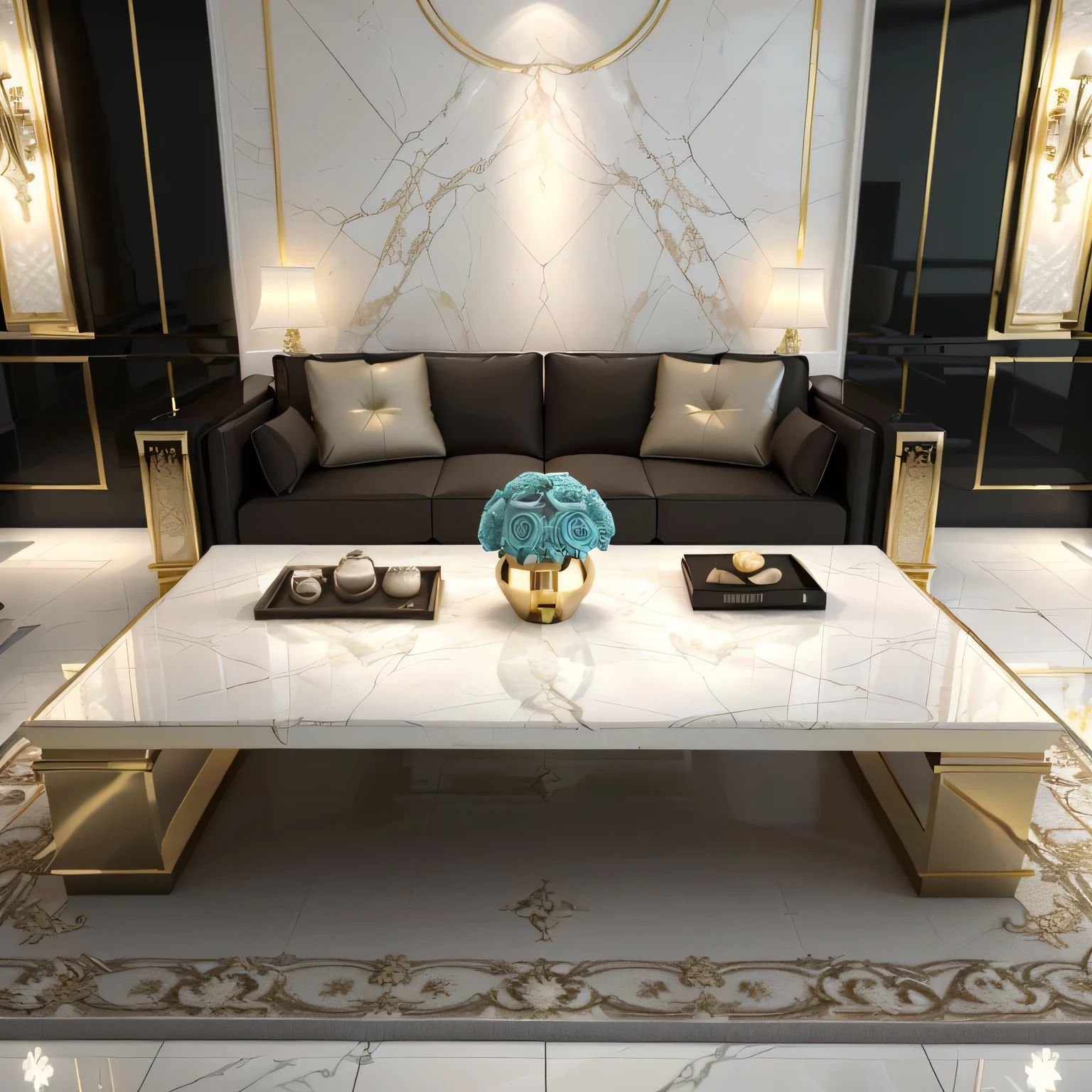 arafed living room with a couch, coffee table, and a rug, rectangle white porcelain table, luxury hd render, high quality 3d render, high quality 3 d render, elegant render, placed in a large living room, high-quality render, highly detailed render, marble room, white marble with gold accents, luxurious environment, marble table