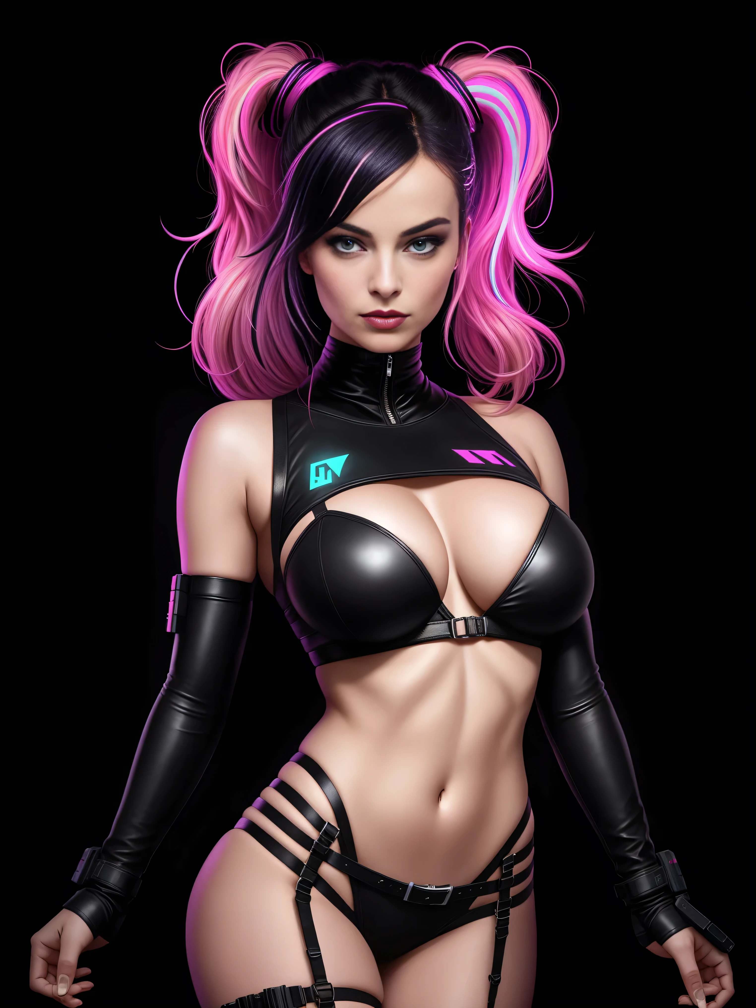 there is Margot Robbie, black neon streaked hair, hair in pony tail, 3 d neon art of a womans body, neon-noir background, cyberpunk femme fatale, seductive cyberpunk dark fantasy, cyberpunk strip clubs, cyberpunk 20 y. o model girl, oppai cyberpunk, banner, high definition cgsociety, cgsociety masterpiece, trending on cgstation, kda, random hair, looking at camera, gigantic breasts, cleavage, (high detailed skin:1.2), 8k uhd, dslr, super lighting, high quality, film grain, high res, highly detailed, hyper realistic, beautiful face, beautiful body, beautiful eyes nose lips, alluring expression, very bold, upper  visible, full body photo, standing legs apart, pale translucent glowing skin, most beautiful face, cute, (well defined pubic hair:1.2)), (dark plain black background:1.4))