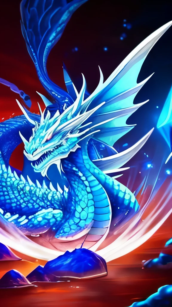 a close up of a dragon with a blue body and a white head, water dragon, blue dragon, blue scaled dragon, blue fire!, dragon art, cyan chinese dragon fantasy, luminous water elemental, iridescence water elemental, crystal dragon, water elemental, breathing blue fire, blue fire powers, mythical creature, magic blue fire, frost dragon