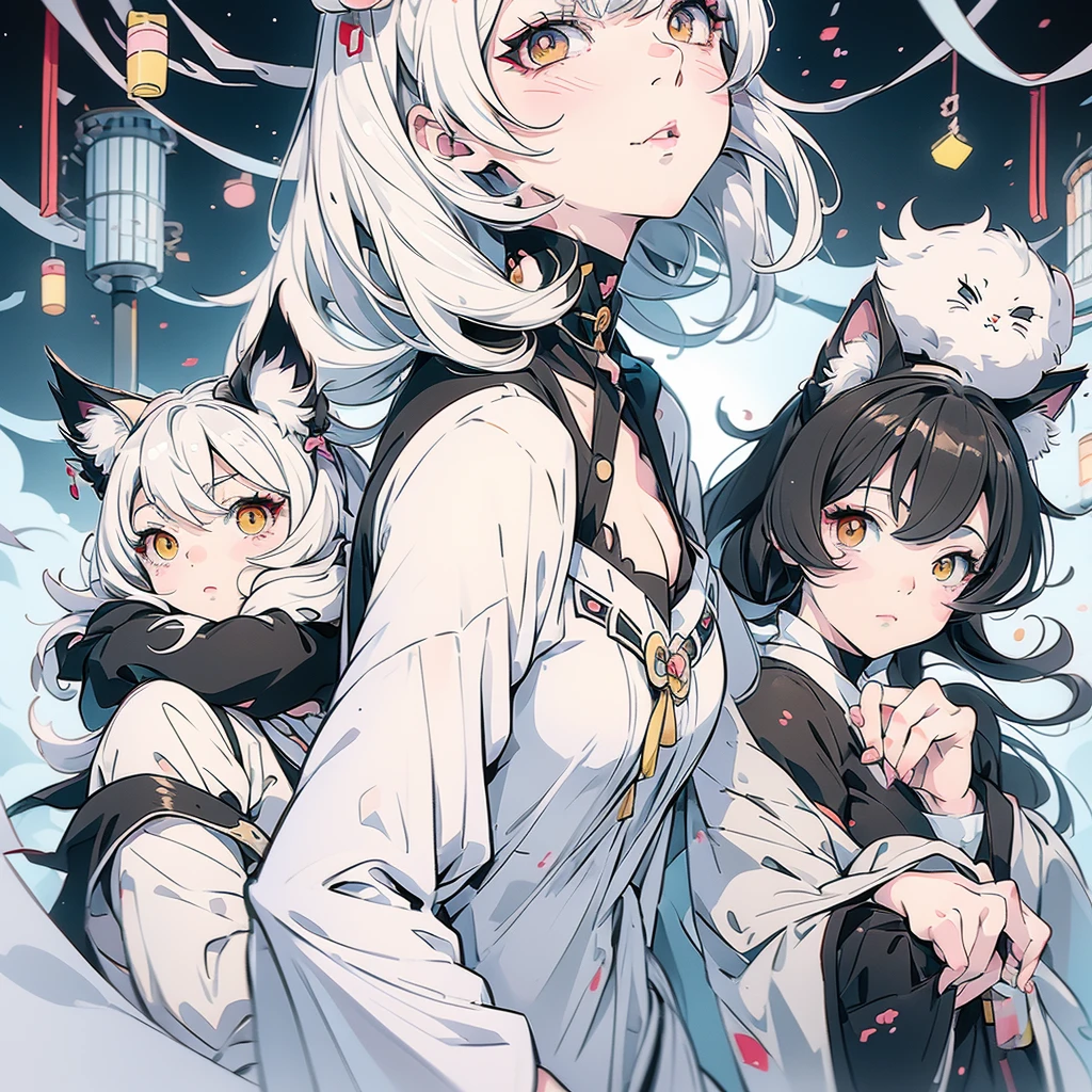 Anime girl with white hair and a black cat on her head, an anime drawing by Yanagawa Nobusada, Topics on pixiv, fur art, Cat girl, white Cat girl, anime Cat girl, Cat girl, beautiful anime Cat girl, attractive Cat girl, very beautiful anime Cat girl, Anime-style illustrations, Anime Cover, nekomimi