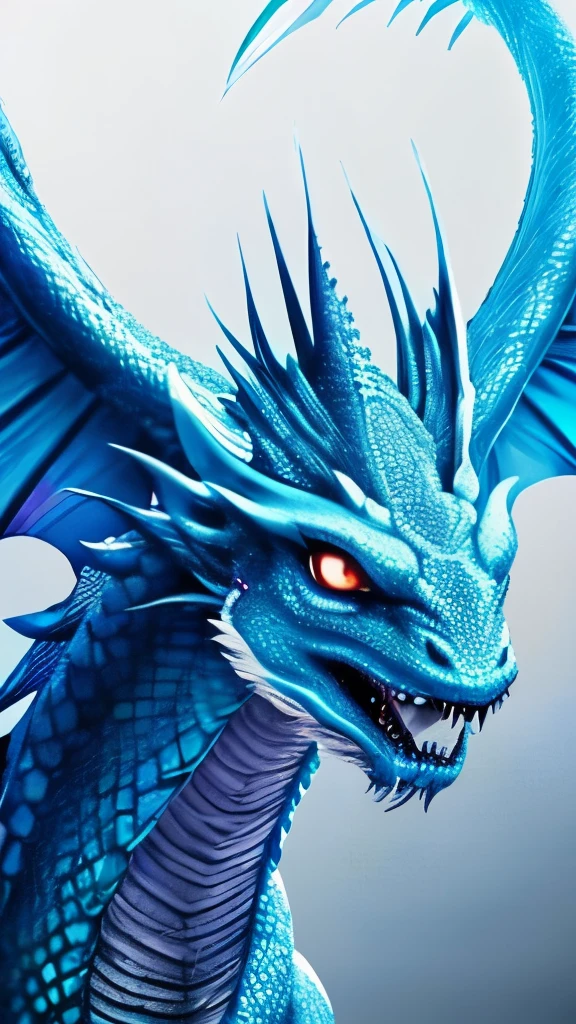 a close up of a dragon with a blue body and a white head, an airbrush painting by Li Kan, trending on cgsociety, fantasy art, water dragon, blue dragon, blue scaled dragon, blue fire!, dragon art, cyan chinese dragon fantasy, luminous water elemental, iridescence water elemental, crystal dragon, water elemental, breathing blue fire
