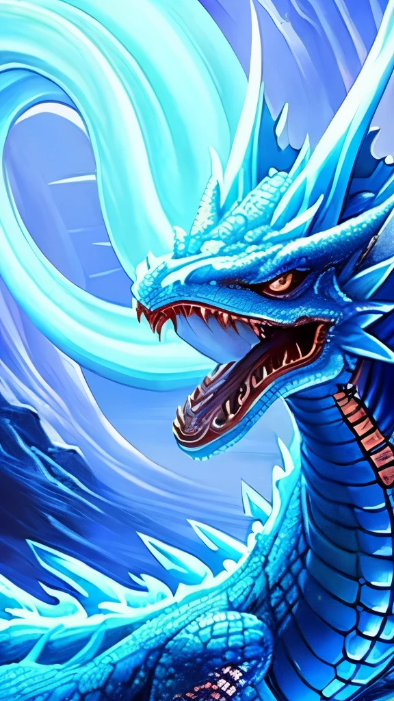 a close up of a dragon with a blue body and a white head, an airbrush painting by Li Kan, trending on cgsociety, fantasy art, water dragon, blue dragon, blue scaled dragon, blue fire!, dragon art, cyan chinese dragon fantasy, luminous water elemental, iridescence water elemental, crystal dragon, water elemental, breathing blue fire