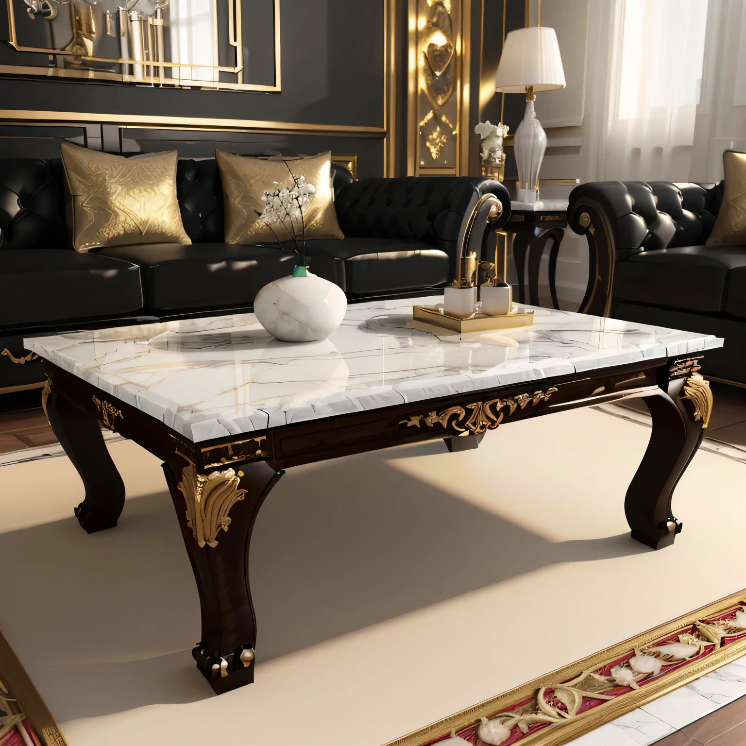 there is a marble table in the middle of a living room, luxurious wooden coffee table, marble table, highly detailed render, elegant render, detailed rendering, hyper realistic detailed render, made of carrara marble, realistic physical rendering, depicted as a 3 d render, elegant baroque, hyper - realistic render, hyper-realistic render, hyper realistic render, elegant furniture