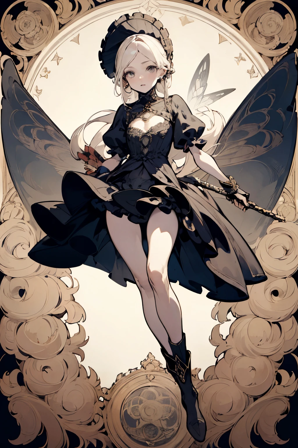 ((best quality)), ((masterpiece)), (detailed), 1girl, Character design, female, dynamic poses, long white grey hair, grey white eyes, very skinny, detailed, best quality, no accesoires around the neck, no shoes, prominent collarbones, skinny arms, flat stomach, visible hip bones, full body, blank white background, plain background, white background, red and white clothing, Bloodborne inspired, occult aesthetic, occult, detailed and intricate steampunk and detailed gothic, NSFW, Very dramatic and cinematic lighting, cosmic horror, grim-dark, side-lighting, perfect face, NSFW, Fluttering lace flared long knee length dress with frilly petticoats, knee length dress, pleated petticoats, petticoats gothic, complex lace boots, side-lighting, gothic aesthetic, wielding a mighty sword with mechanical components, mandalas, a fairy, various different types of insect wings, NSFW, full body, whole body, body, plain background, white background, blank background, no background, white background NSFW, chains, full body, whole body, head-to-toe NSFW