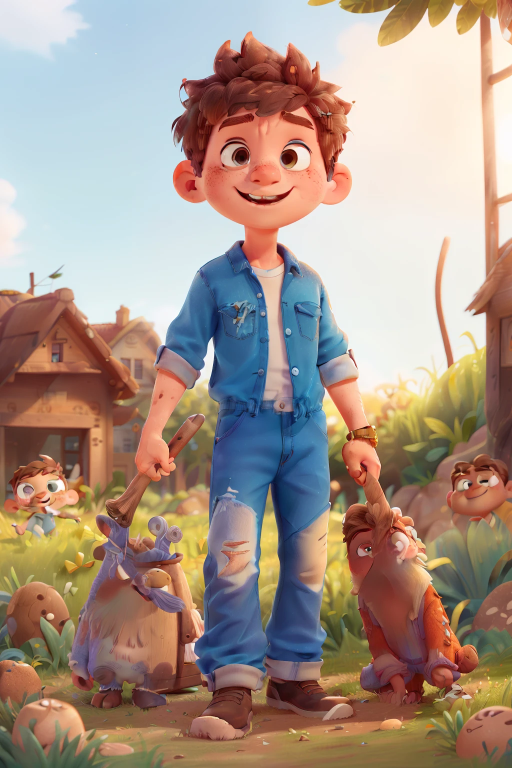 ((detailed scene)) ((a blue jean jumpsuit)) ((a single dress for the character)) ((a freckled face boy )) (( a mop of unruly brown hair ))((mischievous grin))((he stood on a grassy path))a freckled boy with a mop of unruly brown hair and a mischievous grin - this was Ethan,