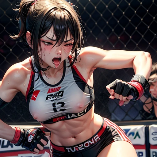 Intense violence. The other party punches her repeatedly in the stomach. She is wearing a sports bra and high-leg panties. Two young, beautiful Japanese mixed martial artists are fighting in the octagon. They are covered in blood. Their mouths open, drooling, one eye closed, short of breath. They are sweating profusely. Short-cut black hair. Open finger gloves. Erect nipples. Small breasts.