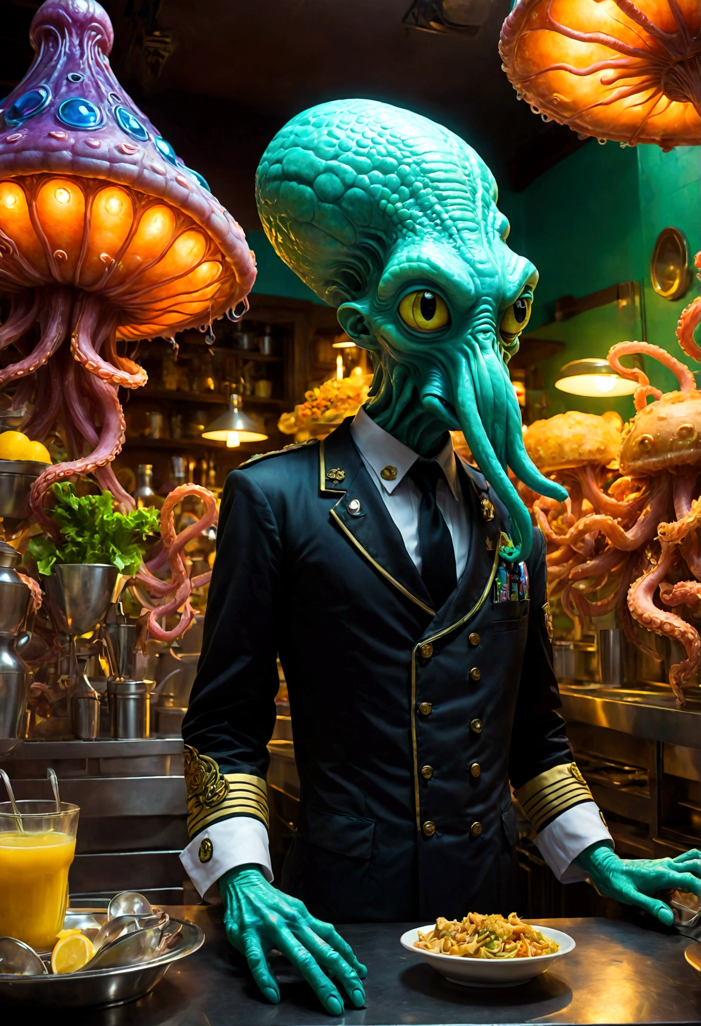 Squidward Quincy Tentacles from "SpongeBob SquarePants", wear Cashier uniform, Cthulhu style restaurant, dramatic composition, cinematic dynamic action scene, vibrant colors, cinematic lighting, dramatic lighting, best quality, masterpiece, very aesthetic, perfect composition, intricate details, ultra-detailed