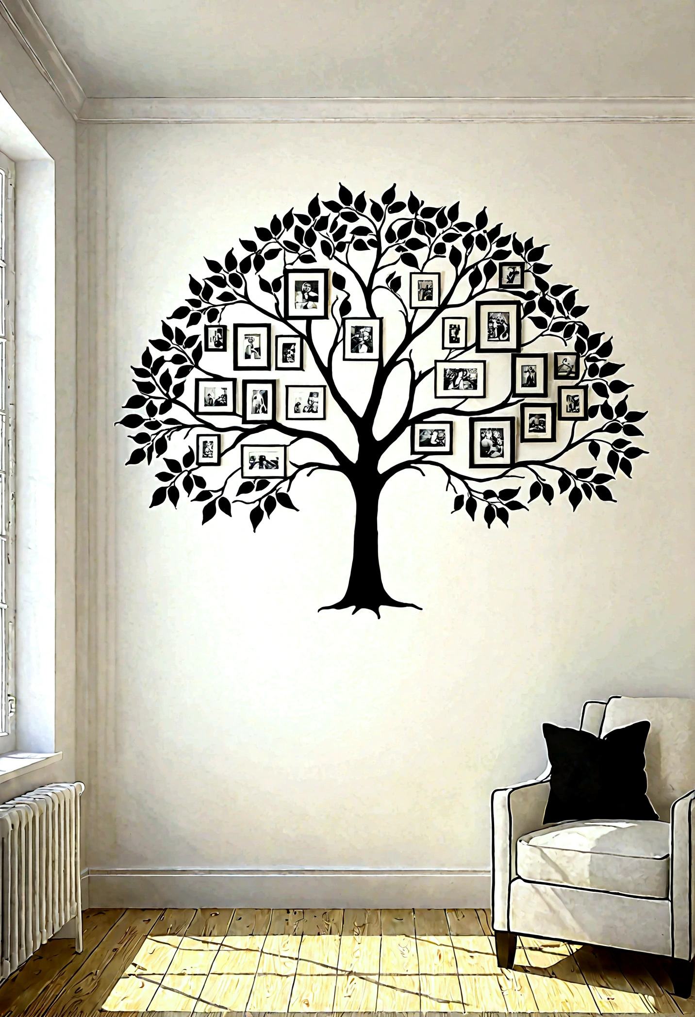 An elegant outline of a family tree painted on a pristine white wall of a bright, airy room, rendered in Ultra HD 16k resolution. The minimalist tree design features delicate, black branches extending gracefully across the wall, creating a striking contrast against the white background. Large, high-definition photographs of family members are thoughtfully placed at the ends of the branches, each image framed in a simple yet sophisticated style. The room is bathed in natural light, enhancing the clarity and detail of the tree and the photos. The clean lines of the tree and the crisp, vivid images combine to form a modern yet timeless visual representation of familial bonds, each photo a window into the lives and stories of relatives across generations.