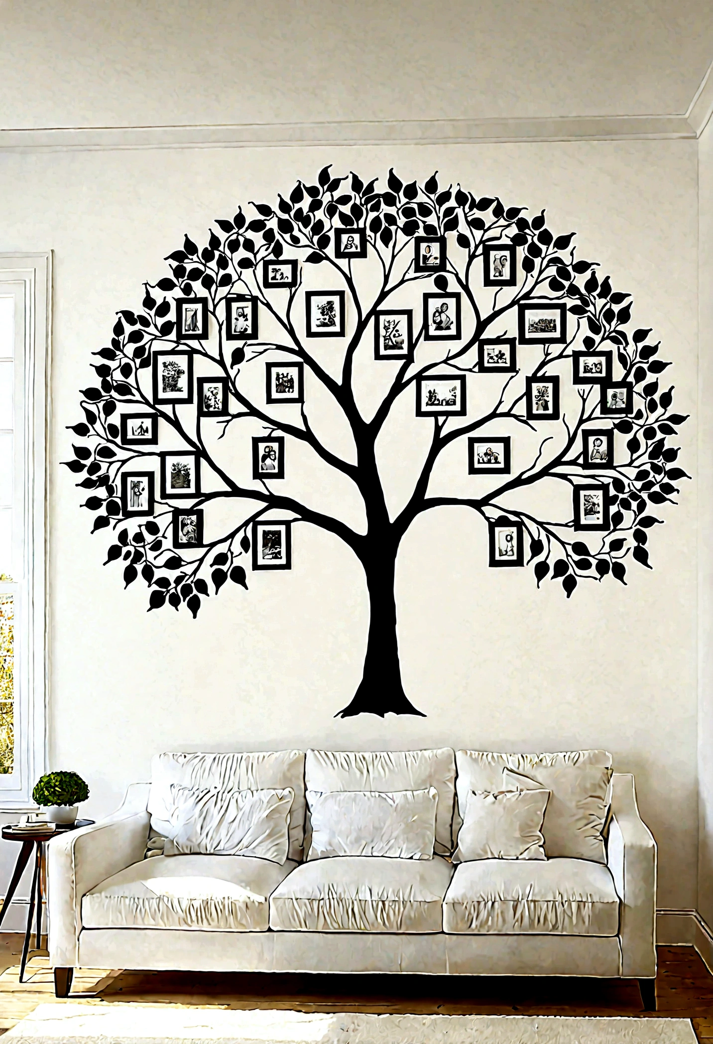 An elegant outline of a family tree painted on a pristine white wall of a bright, airy room, rendered in Ultra HD 16k resolution. The minimalist tree design features delicate, black branches extending gracefully across the wall, creating a striking contrast against the white background. Large, high-definition photographs of family members are thoughtfully placed at the ends of the branches, each image framed in a simple yet sophisticated style. The room is bathed in natural light, enhancing the clarity and detail of the tree and the photos. The clean lines of the tree and the crisp, vivid images combine to form a modern yet timeless visual representation of familial bonds, each photo a window into the lives and stories of relatives across generations.