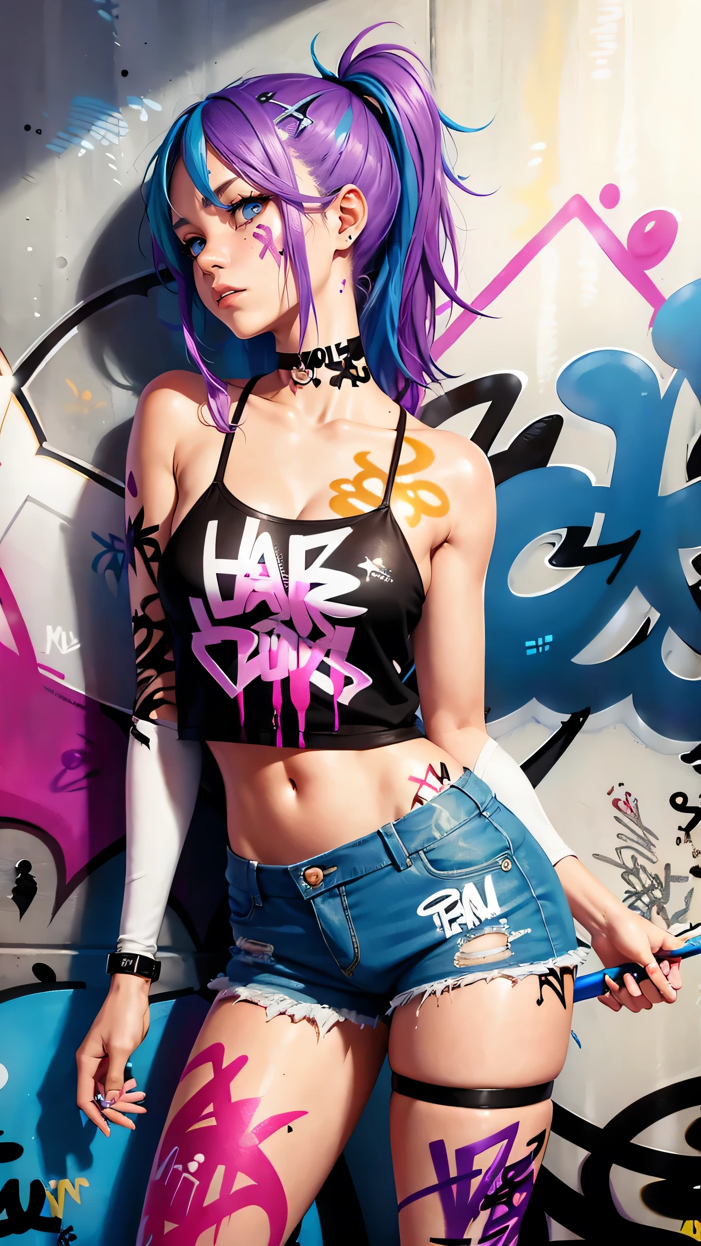 absurdres, best quality,1girl, solo, streaked hair, crop top, denim shorts, choker, (graffiti:1.5),  paint splatter, arms behind back, (slouching), leaning back, against wall, (leaning to the side:0.25), looking at viewer, armband, thigh strap, streaked hair, paint on body, upturned eyes, head down, head tilt, (from side:0.95), bored