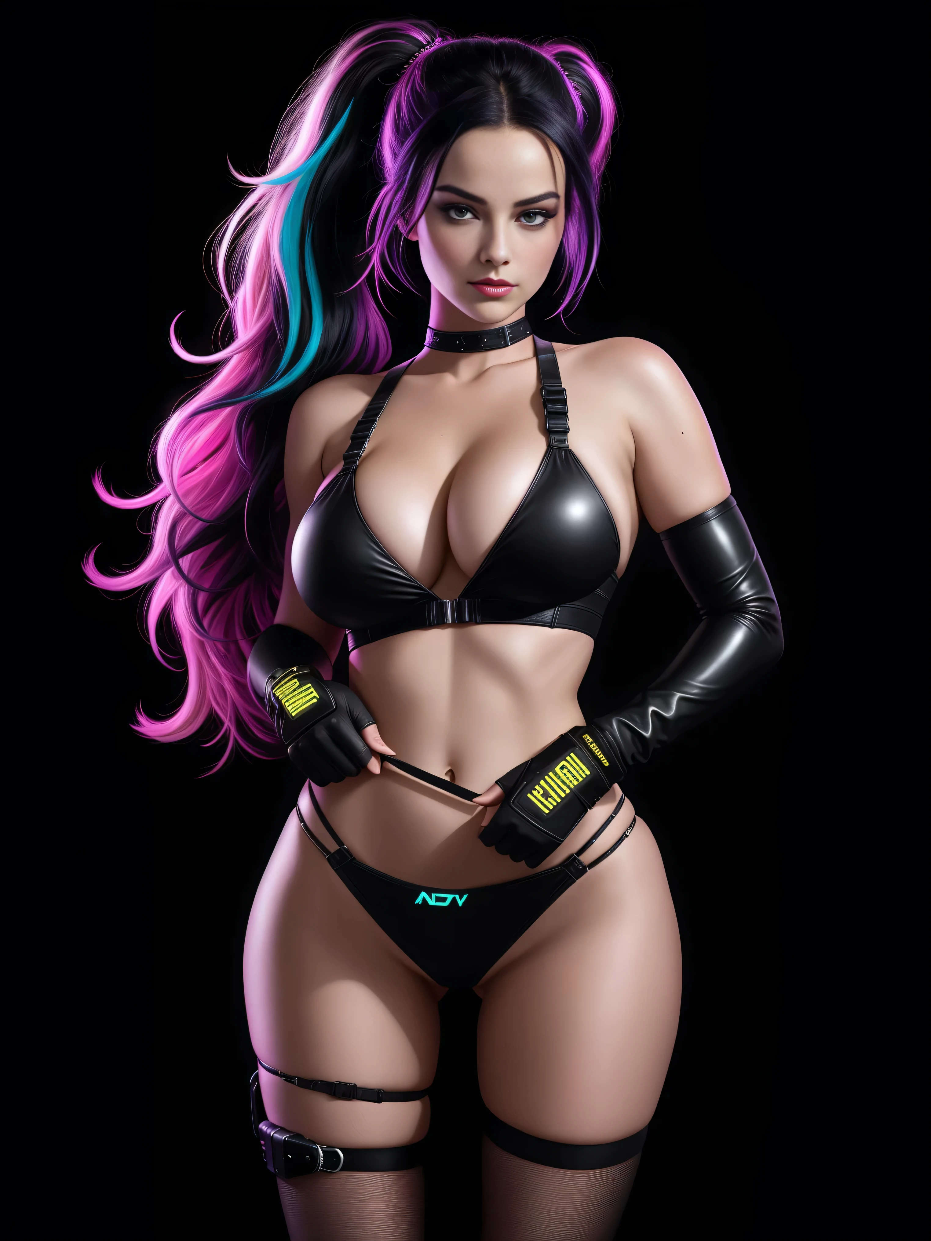 there is Margot Robbie, black neon streaked hair, hair in pony tail, 3 d neon art of a womans body, neon-noir background, cyberpunk femme fatale, seductive cyberpunk dark fantasy, cyberpunk strip clubs, cyberpunk 20 y. o model girl, oppai cyberpunk, banner, high definition cgsociety, cgsociety masterpiece, trending on cgstation, kda, random hair, looking at camera, gigantic breasts, cleavage, (high detailed skin:1.2), 8k uhd, dslr, super lighting, high quality, film grain, high res, highly detailed, hyper realistic, beautiful face, beautiful body, beautiful eyes nose lips, alluring expression, very bold, upper visible, full body photo, standing legs apart, pale translucent glowing skin, most beautiful face, cute, (well defined pubic hair:1.2)), (dark plain black background:1.4))