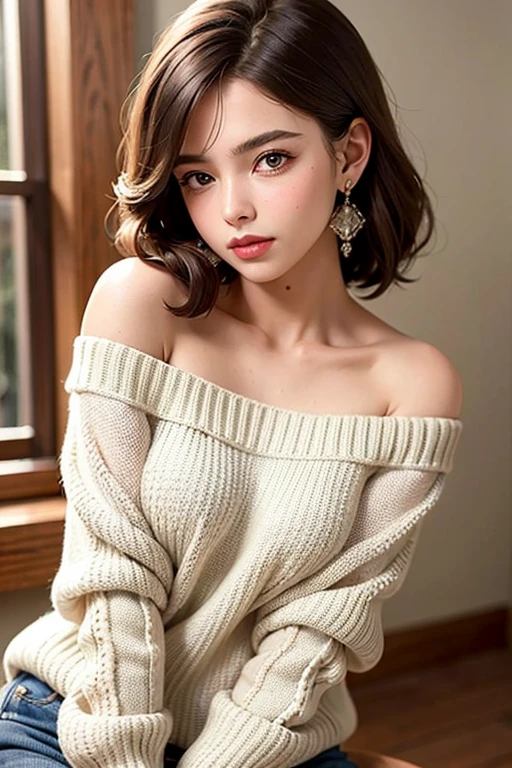 ((best quality)), ((masterpiece)), (detailed), 1girl, off-shoulder sweater,