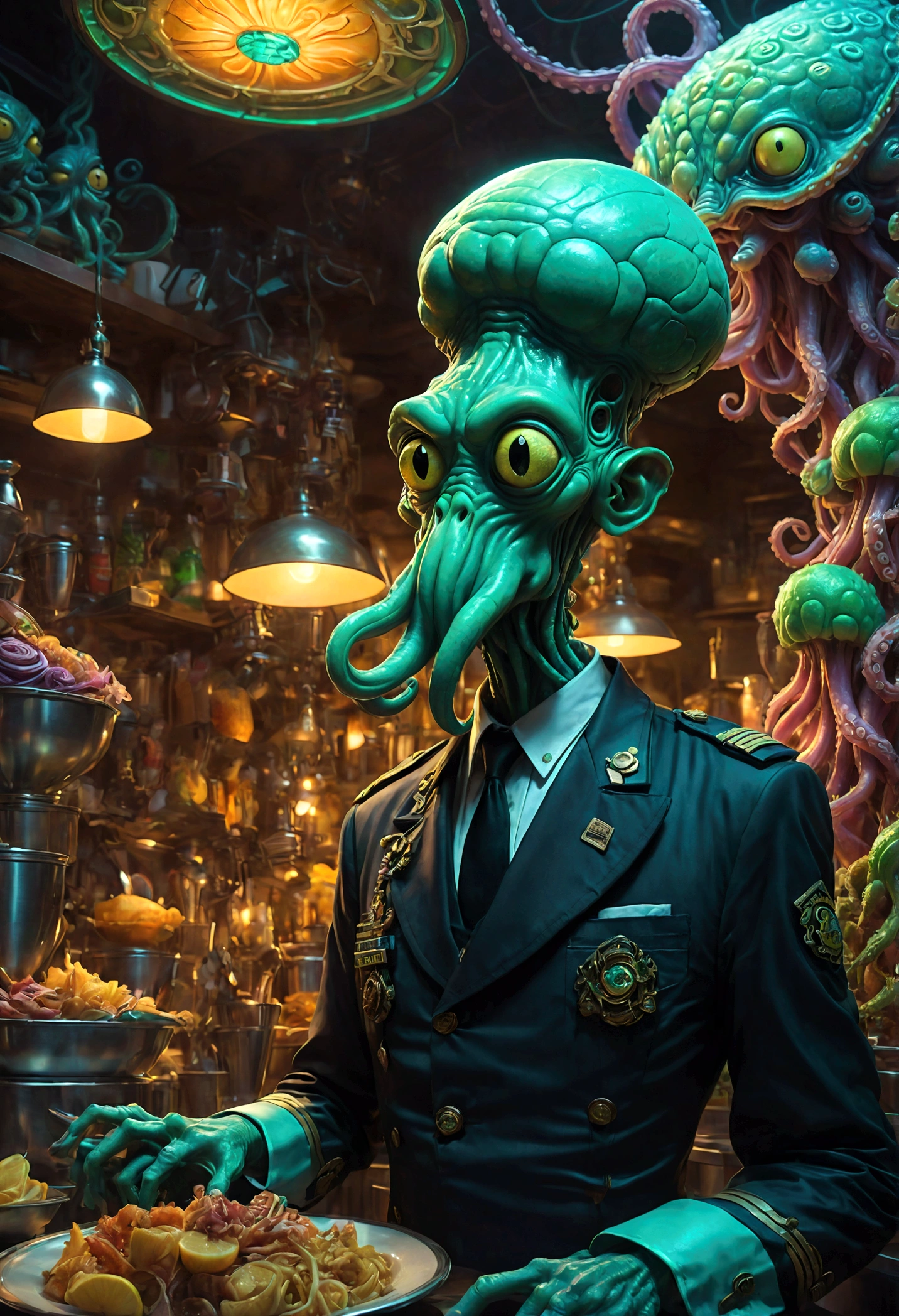 Squidward Quincy Tentacles from "SpongeBob SquarePants", wear Cashier uniform, Cthulhu style restaurant, dramatic composition, cinematic dynamic action scene, vibrant colors, cinematic lighting, dramatic lighting, best quality, masterpiece, very aesthetic, perfect composition, intricate details, ultra-detailed