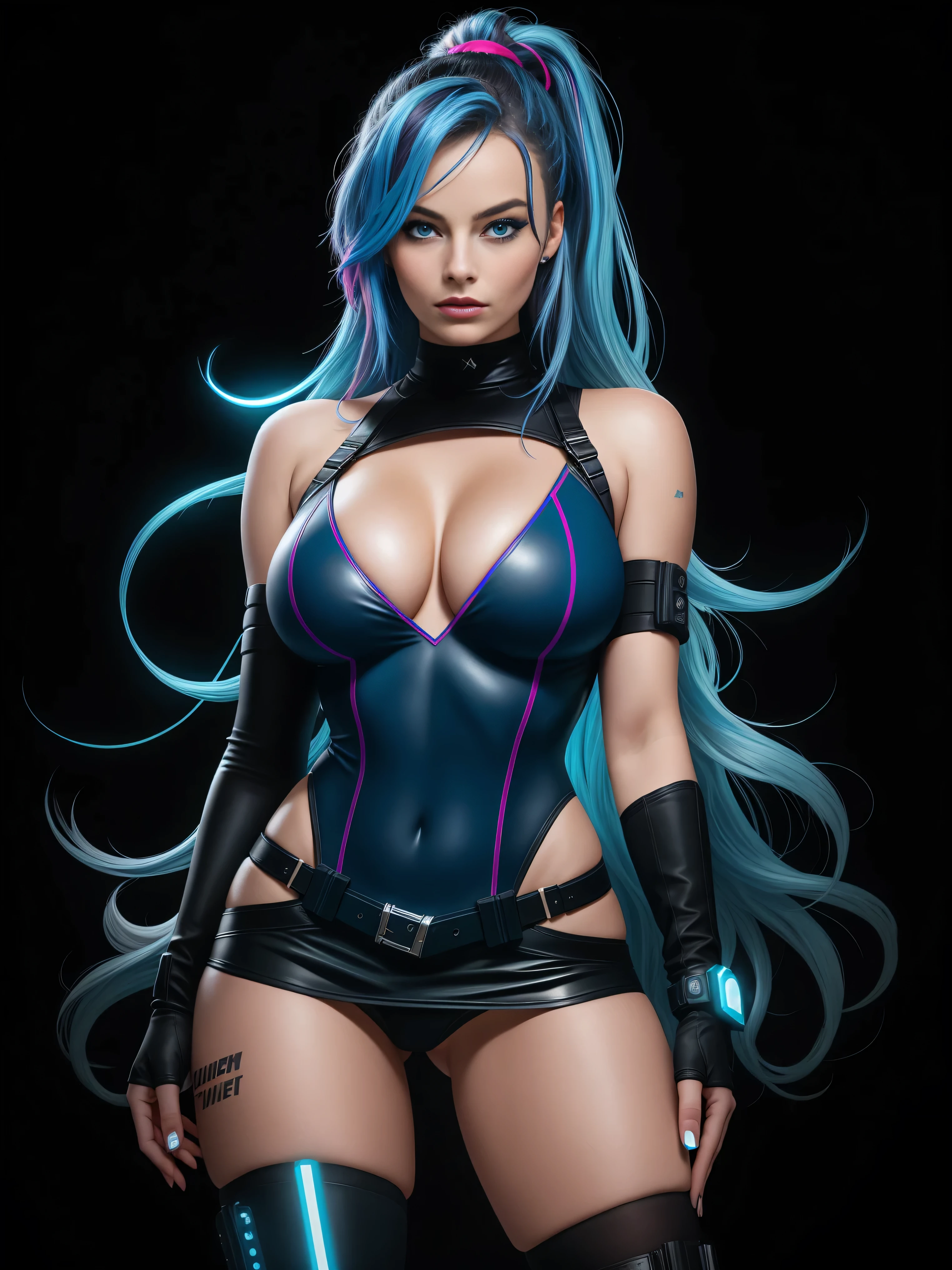 there is Margot Robbie, navy blue and bright purple neon streaked hair, hair in pony tail, 3 d neon art of a womans body, neon-noir background, cyberpunk femme fatale, seductive cyberpunk dark fantasy, cyberpunk strip clubs, cyberpunk 20 y. o model girl, oppai cyberpunk, banner, high definition cgsociety, cgsociety masterpiece, trending on cgstation, kda, random hair, ((blue eyes:1.4)), looking at camera, gigantic breasts, cleavage, (high detailed skin:1.2), 8k uhd, dslr, super lighting, high quality, film grain, high res, highly detailed, hyper realistic, beautiful face, beautiful body, beautiful eyes nose lips, alluring expression, very bold, upper  visible, full body photo, standing legs apart, pale translucent glowing skin, most beautiful face, cute, (well defined pubic hair:1.2)), (dark plain black background:1.4))