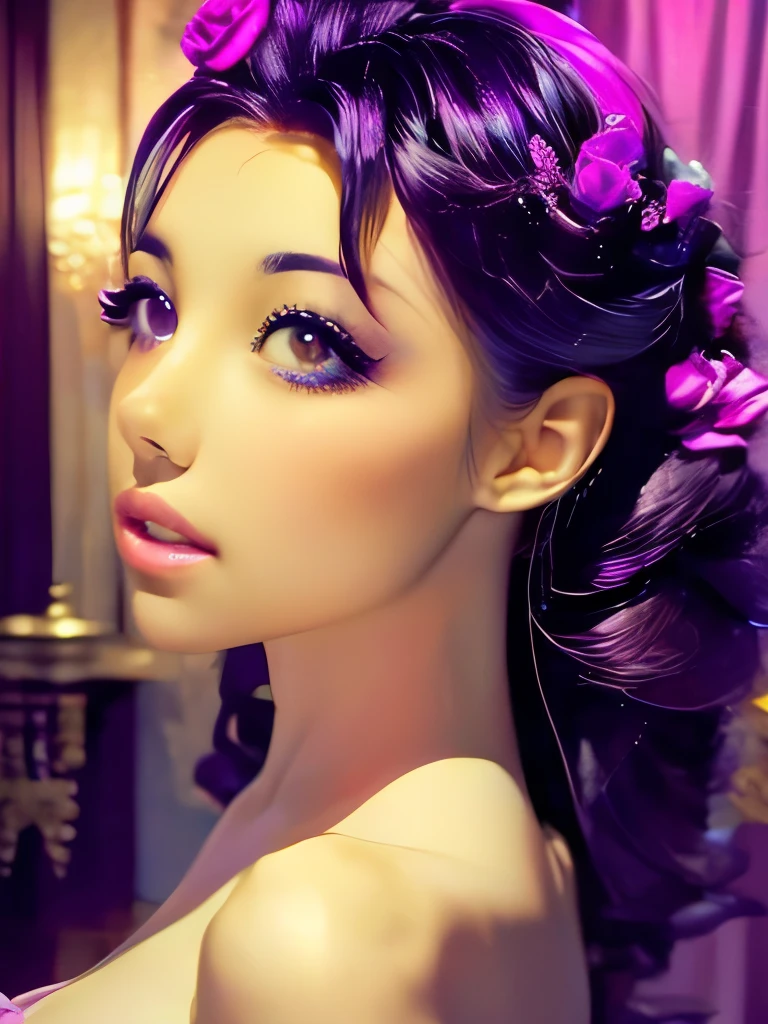 print to mix color. perfect simetria. purple rose in the middle positioned next to the face of a beautiful lady scene adlt 18 with intense eyes who crying a tear and golden lips.. Blush, reflection, trod. illustration, cinematic lighting. view from the ceiling. abstract picasso. no 3d. no teen. no so realistic. no watercolor