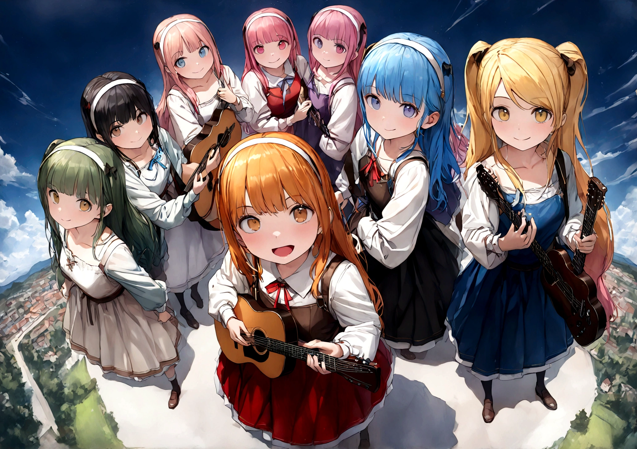 anime, chibe, (((Top quality, 4k, 8k, high resolution, masterpiece: 1.2))), (super detailed), (realistic), (photorealistic), (photorealistic: 1.37), (HDR, UHD), (studio (lighting)), ultra-fine drawing, sharp focus, physically based rendering, highly detailed, professional, vibrant colors, perfect ditaile hand, highly detailed realistic eyes, anime, cartoon, multiple girls, A lot of girls, 48 girls, Medieval European clothing, Medieval European citizen clothing, (((Girls playing guitar))), Many girls dancing on the stage, Countryside, Village Festival Stage, festival, carnival, festival decoration, smile, open mouth, brown hair, black hair, green hair, pink hair, blue hair, blond, orange hair, long hair, Medium long hair, short hair, Twin tail hairstyle, braid hairstyle, ribbon, hair ornaments, hairband, white hairband, brown eyes, blue eyes, red eyes, black eyes, green eyes, Yellow Eyes, Mini skirt,thighhighs, Long skirt, socks, looking at viewer, (((Long shot, Panorama, Aerial view, Distant view))),
