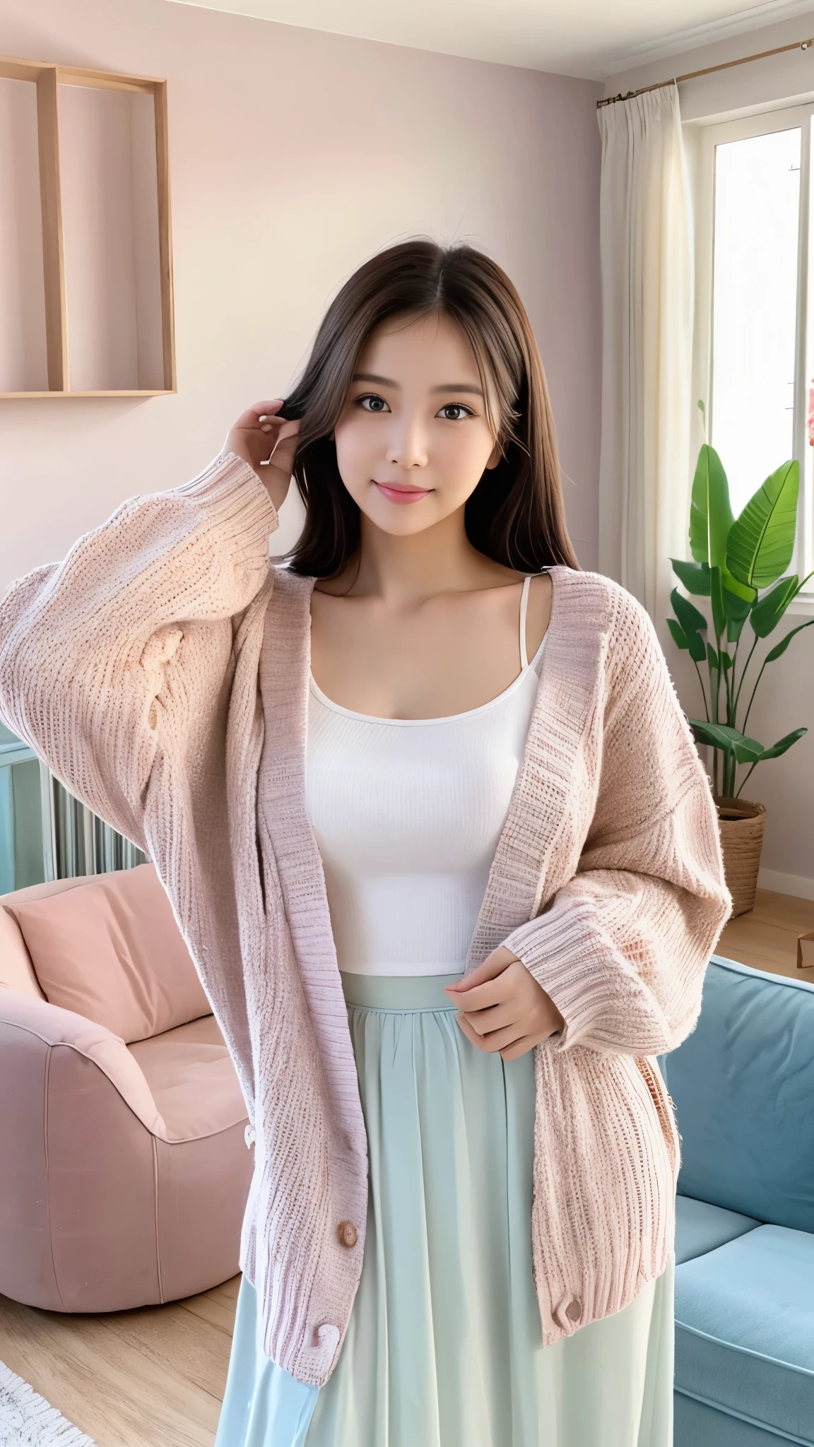 RAW, Best quality, high resolution, (masterpiece: 1.3), half body shot, cute Indonesian woman, Masterpiece, curvy body, cute face, bright skin, fair skin, cute eyes, light make up, standing in living room, feminine gesture, graceful expression, body facing viewer, looking to viewer, lilac cardigan, pretty cardigan, white long skirt, flowing skirt, beautiful in cute pastel shades, at noon, living room background, Great lighting, great sunlight, Bright colors, Ultra realistic clean lines, very realistic