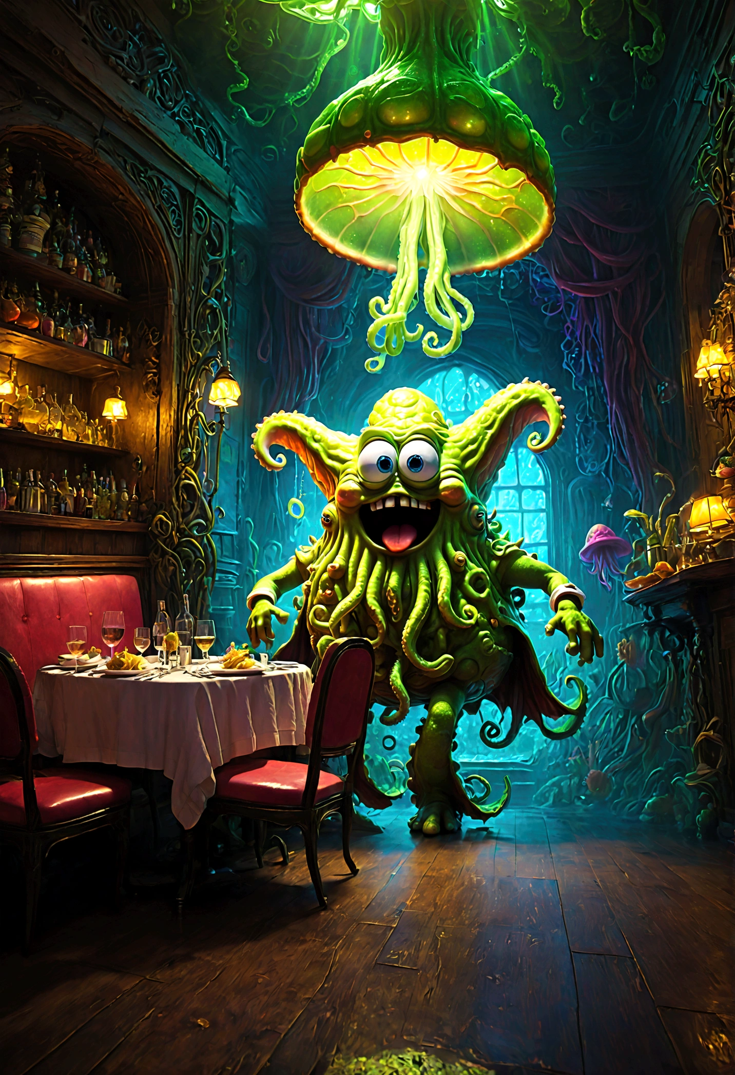 Patrick Star from "SpongeBob SquarePants", Cthulhu style restaurant, dramatic composition, cinematic dynamic action scene, vibrant colors, cinematic lighting, dramatic lighting, best quality, masterpiece, very aesthetic, perfect composition, intricate details, ultra-detailed