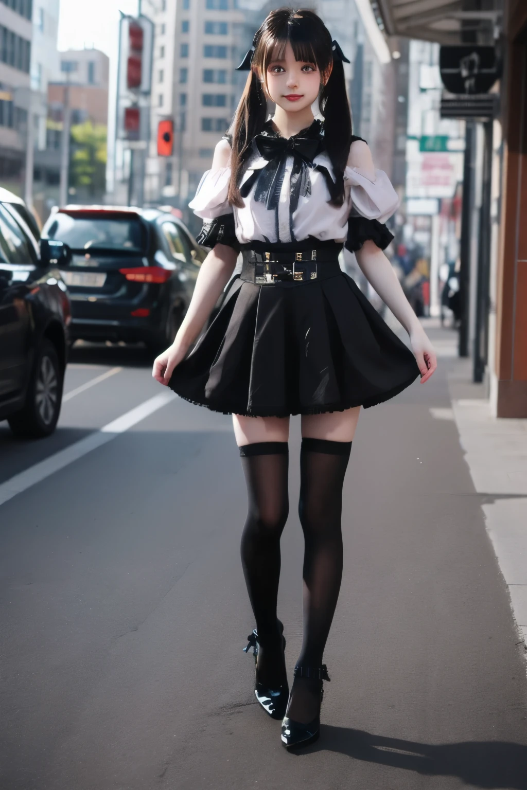 best quality, quality, masterpiece, Realistic, Are standing, One girl, alone, Twin tails, Hair Ribbon, jirai kei attire, jirai kei, Black knee socks, High heels, Simple Background,
