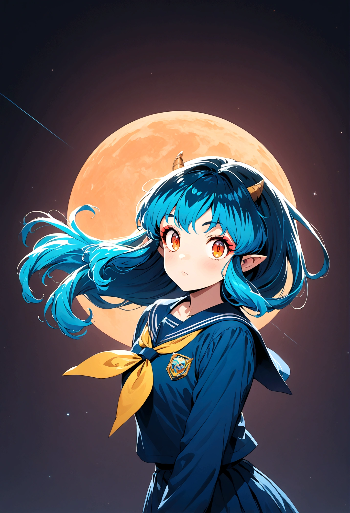 takahashi rumiko style,(1 girl,Lum, long hair, bangs, blue hair, orange eyes, horns, pointy ears, aqua hair, oni horns, eyeshadow,),shirt, long sleeves, , serafuku, sailor collar, neckerchief, yellow neckerchief, shirt, blue shirt, blue sailor collar, blue skirt,,the character Lum from "Urusei Yatsura",Bright and cheerful atmosphere,Background elements such as space or a starry sky,(masterpiece:1.3),(highest quality:1.4),(ultra detailed:1.5),High resolution,extremely detailed,unity 8k wallpaper