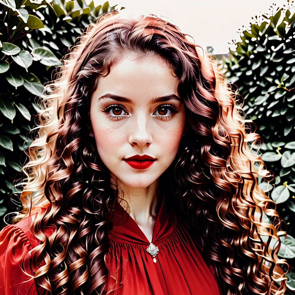 [white-skinned woman:1.2, long curly hair:1.2, elegant red dress, snub-nosed, bright brown eyes], portrait, VSCO filter: C8)