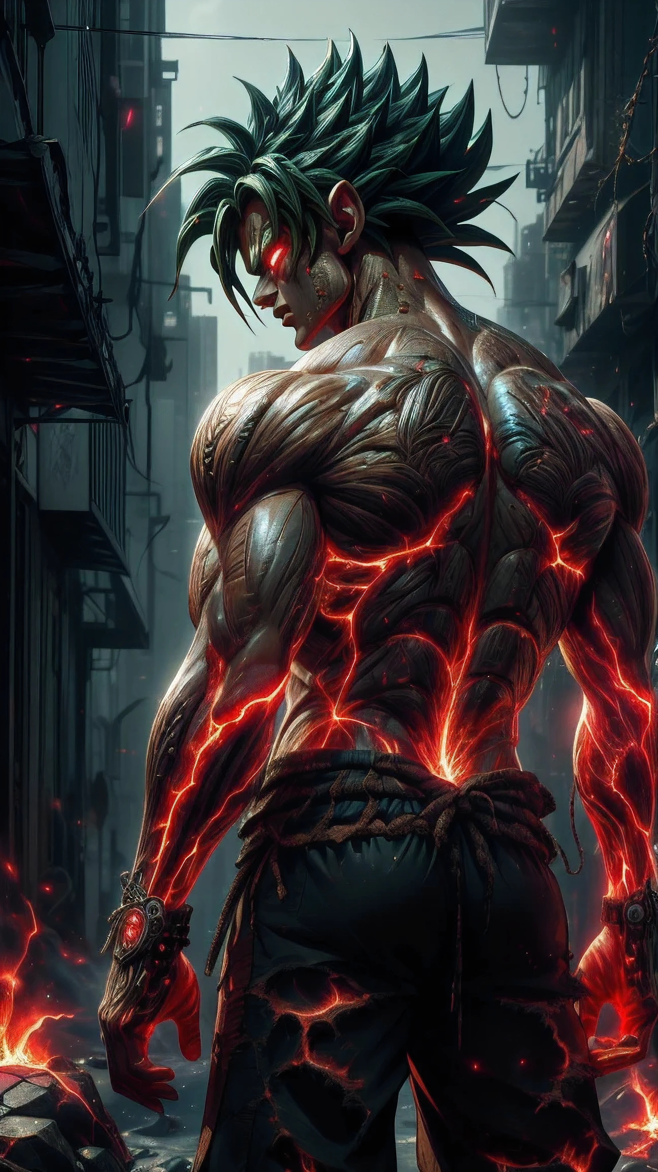 (absurdres, highres, ultra detailed)(masterpiece), (extremely intricate:1.3), (realistic),cyberpunk city,Cinematic Lighting,4k,(masterpiece), (1Broly:1.2),upper body, nvwashireg, burnt clothes,(glowing skin:1.3),(((molten rock skin)))