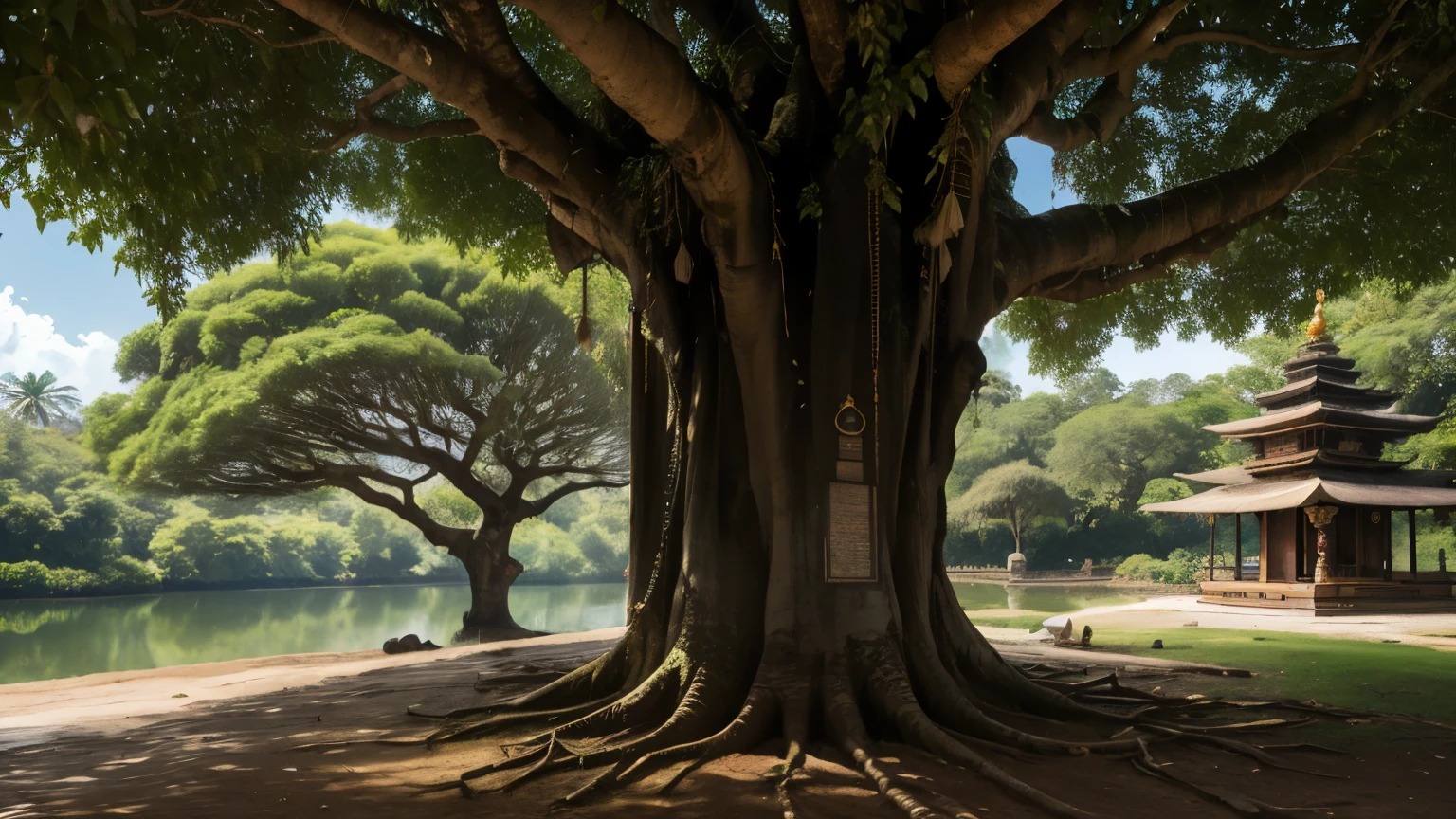A quaint village nestled by a river, a towering banyan tree stood nearby. Underneath its gargantuan roots, a prince sat engrossed in deep meditation. This was the prince of the kingdom, Siddhartha. His meditation was not an ordinary one, it was a grueling pursuit that spanned many years.
Finally, knowledge was bestowed upon him, and he became known as Gautam Buddha.
This visual representation captures the serene and profound nature of the historical event. The banyan tree is depicted with heavy, twisting roots and dense foliage, providing a contrast to the calm and focused prince seated in its shade. The village is