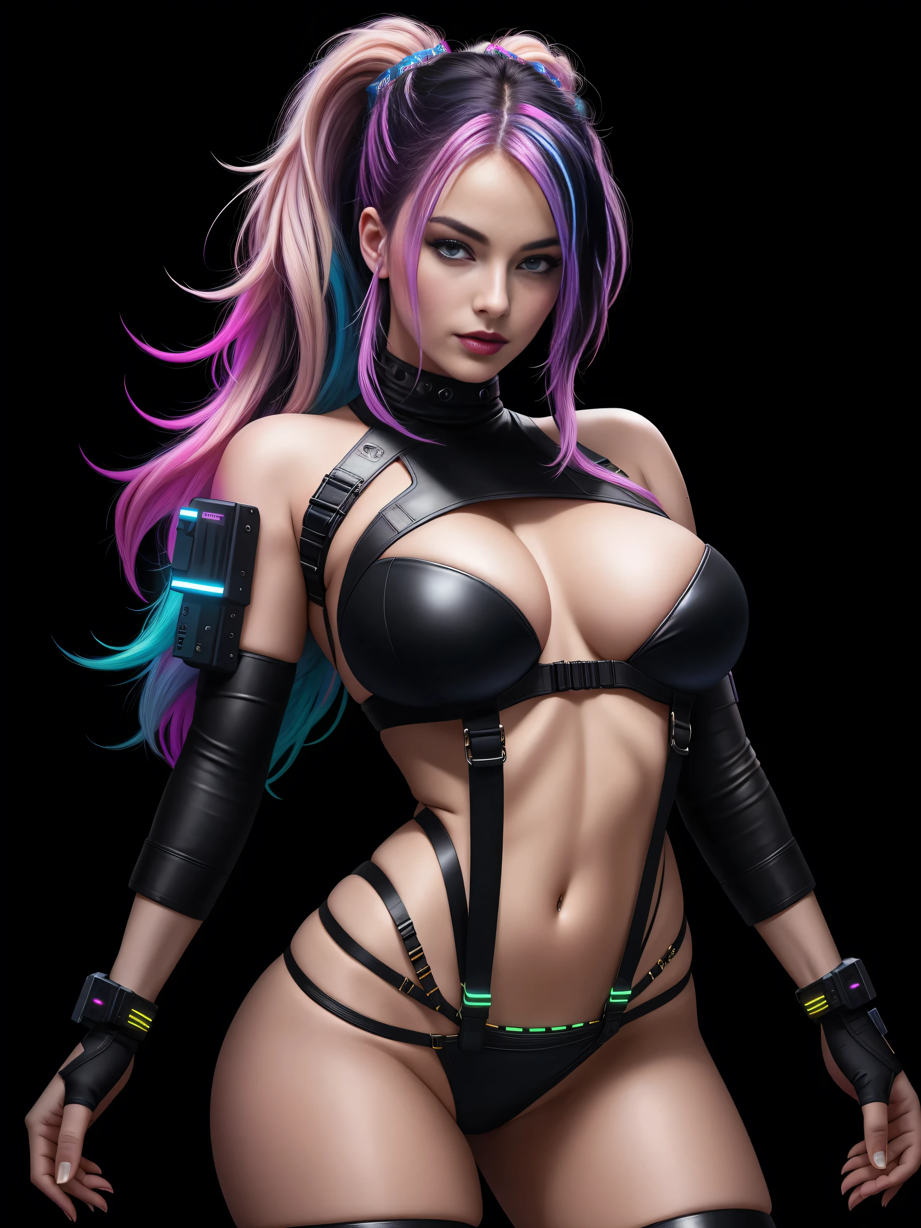 there is Margot Robbie, navy blue and bright purple neon streaked hair, hair in pony tail, 3 d neon art of a womans body, neon-noir background, cyberpunk femme fatale, seductive cyberpunk dark fantasy, cyberpunk strip clubs, cyberpunk 20 y. o model girl, oppai cyberpunk, banner, high definition cgsociety, cgsociety masterpiece, trending on cgstation, kda, random hair, looking at camera, gigantic breasts, cleavage, (high detailed skin:1.2), 8k uhd, dslr, super lighting, high quality, film grain, high res, highly detailed, hyper realistic, beautiful face, beautiful body, beautiful eyes nose lips, alluring expression, very bold, upper  visible, full body photo, standing legs apart, pale translucent glowing skin, most beautiful face, cute, (well defined pubic hair:1.2)), (dark plain black background:1.4))