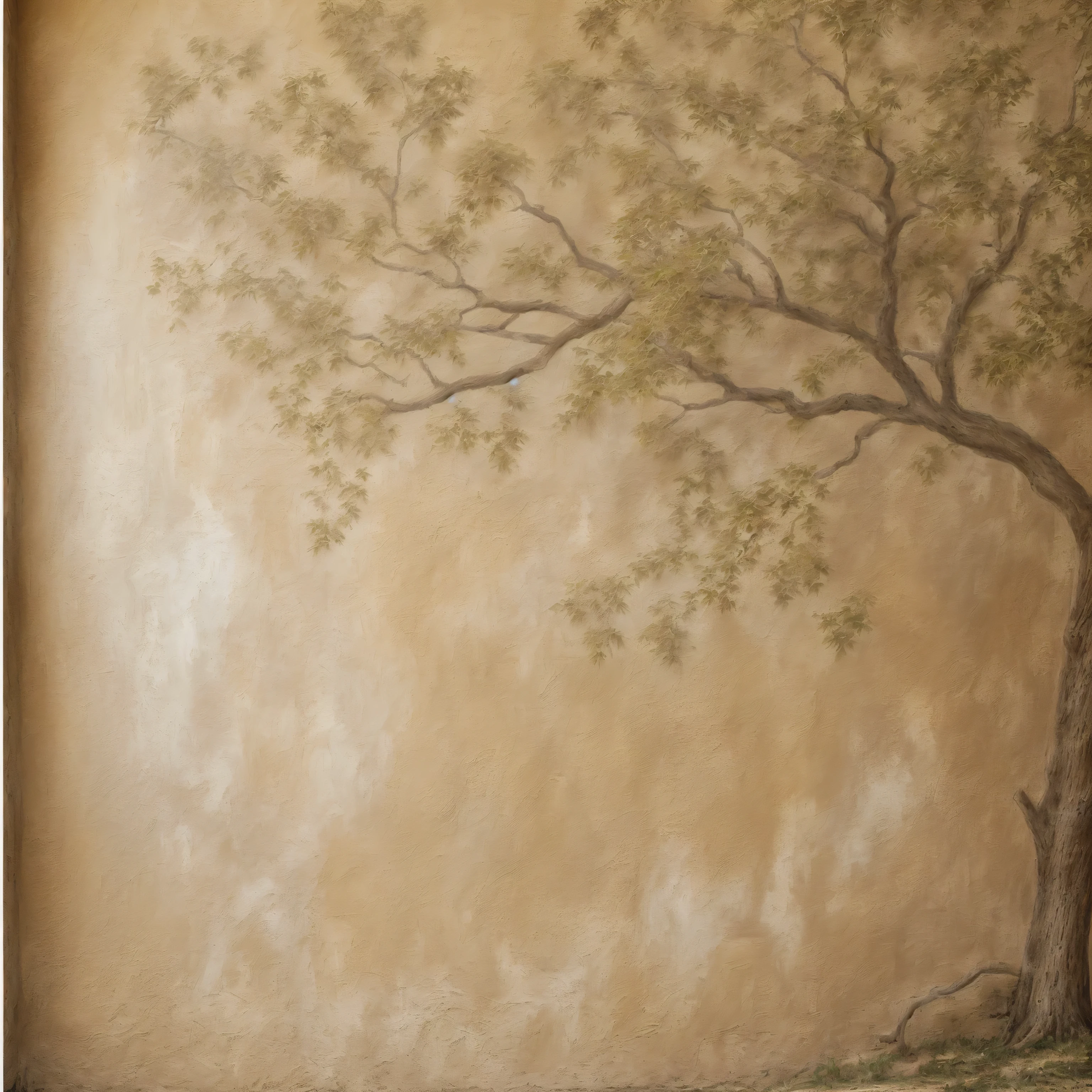 painting of a tree on a wall with a bench in front of it, faux painting, light - brown wall, wall painting, sand - colored walls, painting for a wall, oak tree, inspired by Jules Joseph Lefebvre, soft sepia tones, stippled walls, dark sepia toned shading, inspired by Alphonse Legros, large tree casting shadow