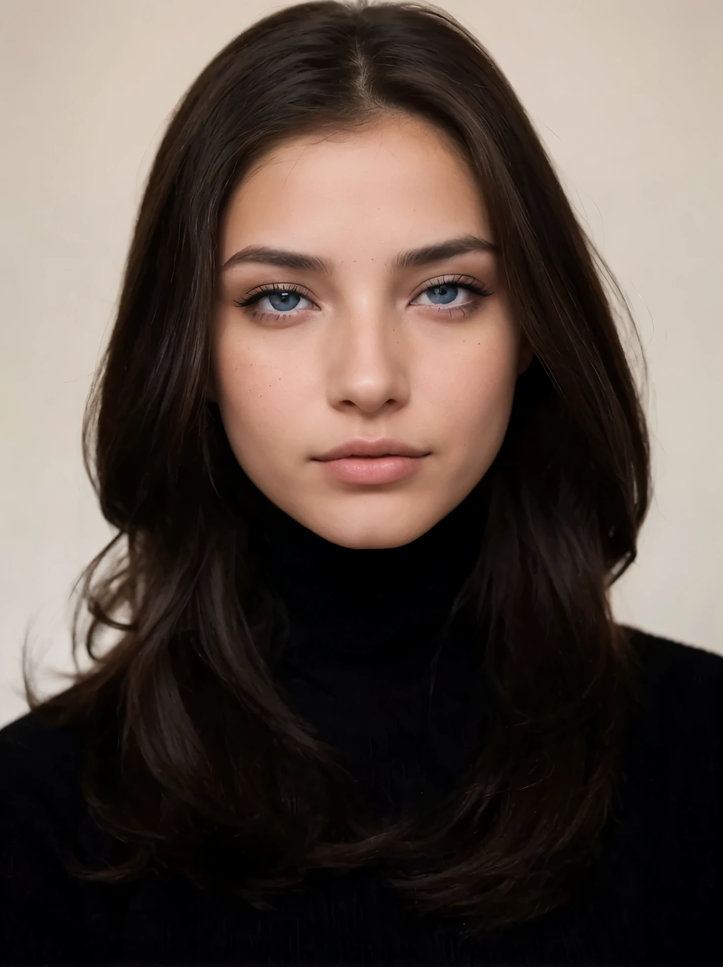 Quiero crear una chica, pelinegra, ojos azules, seria, blanca, pecas, piel palida