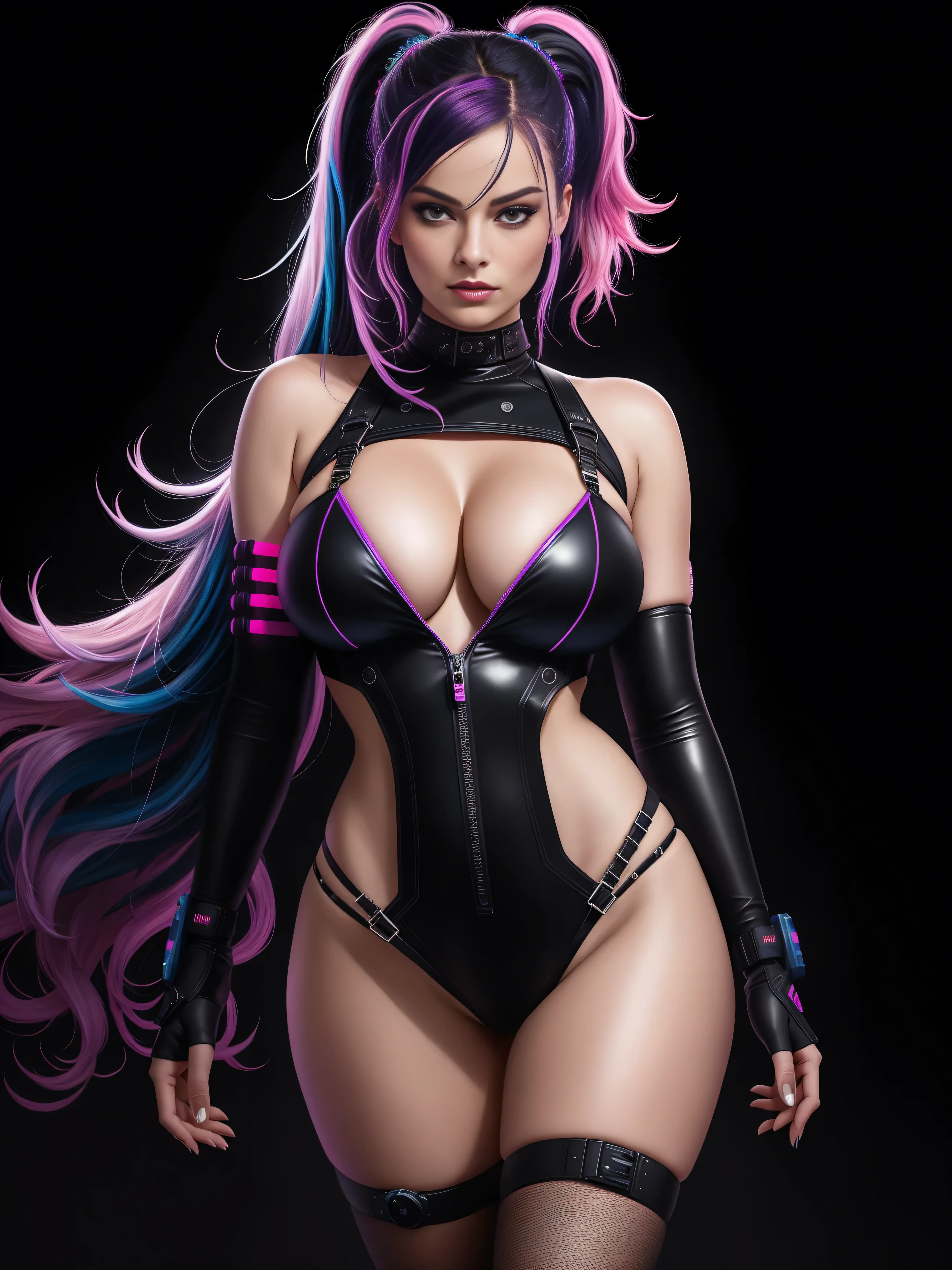 there is Margot Robbie, navy blue and bright purple neon streaked hair, hair in pony tail, 3 d neon art of a womans body, neon-noir background, cyberpunk femme fatale, seductive cyberpunk dark fantasy, cyberpunk strip clubs, cyberpunk 20 y. o model girl, oppai cyberpunk, banner, high definition cgsociety, cgsociety masterpiece, trending on cgstation, kda, random hair, looking at camera, gigantic breasts, cleavage, (high detailed skin:1.2), 8k uhd, dslr, super lighting, high quality, film grain, high res, highly detailed, hyper realistic, beautiful face, beautiful body, beautiful eyes nose lips, alluring expression, very bold, upper visible, full body photo, standing legs apart, pale translucent glowing skin, most beautiful face, cute, (well defined pubic hair:1.2)), (dark plain black background:1.4))