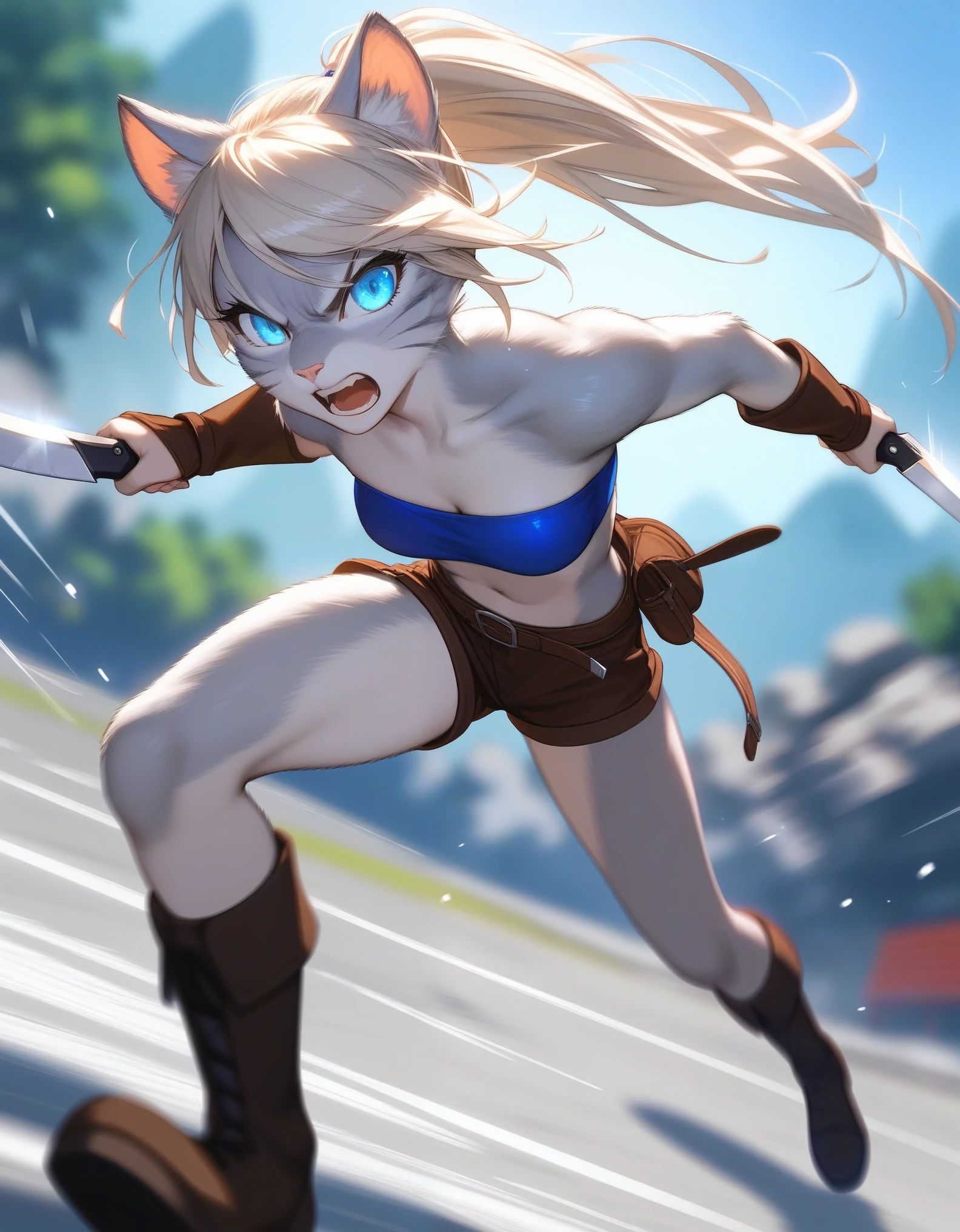 score_9,score_8_up,score_7_up, source_cartoon, source_furry, Kat, Anthro furry feline girl, tall body, hourglass figure, adult female, blue eyes, :3, silver fur, long blonde hair, hair in a ponytail, wearing blue bandeau, brown short shorts, brown boots, leather straps accessories, holding two knives, Naruto running, running towards viewer, angry expression, glowing blue eyes, outdoors, from above, dynamic action shot, speed lines, motion blur, hands behind back