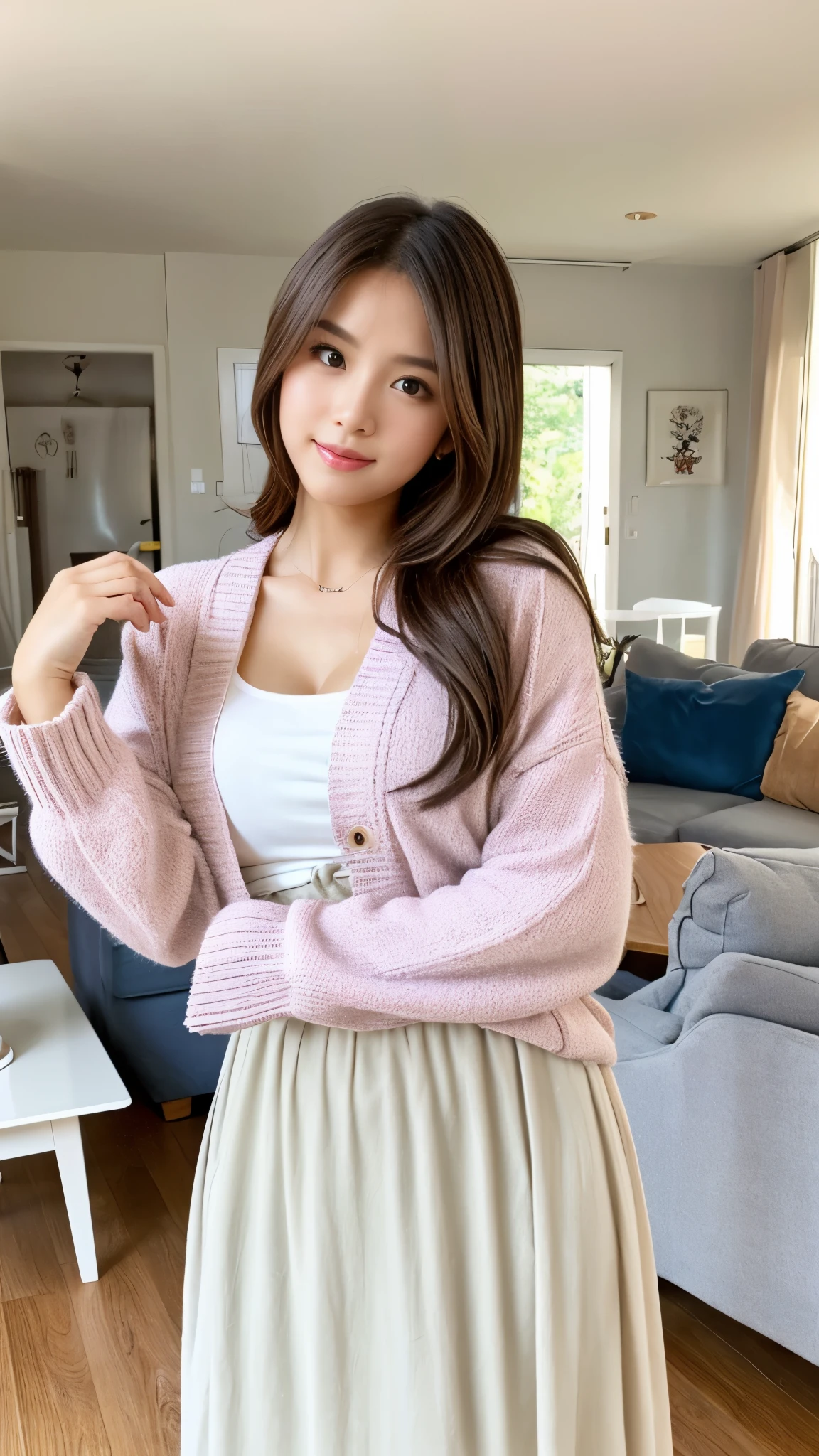RAW, Best quality, high resolution, (masterpiece: 1.3), half body shot, cute Indonesian woman, Masterpiece, curvy body, cute face, bright skin, fair skin, cute eyes, light make up, standing in living room, feminine gesture, graceful expression, body facing viewer, looking to viewer, lilac cardigan, pretty cardigan, white long skirt, flowing skirt, beautiful in cute pastel shades, at noon, living room background, Great lighting, great sunlight, Bright colors, Ultra realistic clean lines, very realistic