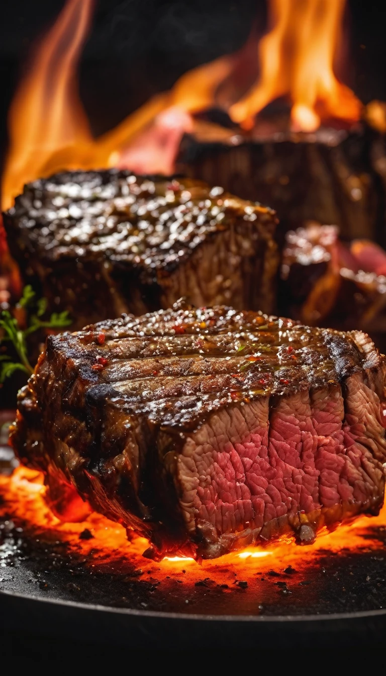 A piece of beef cooked to medium, with a black background and a glowing ember in the background