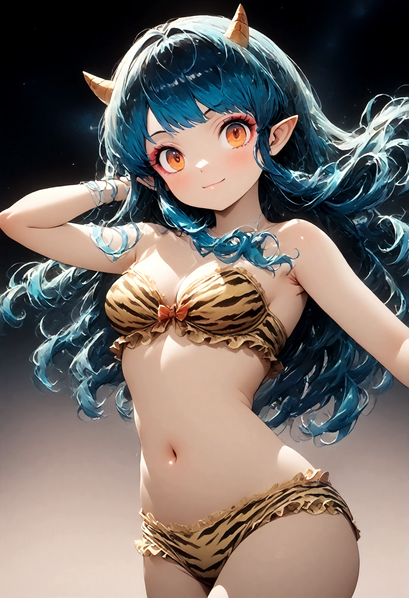 takahashi rumiko style,(1 girl,Lum, long hair, bangs, blue hair, orange eyes, horns, pointy ears, aqua hair, oni horns, eyeshadow,),navel, cleavage, swimsuit, bikini, strapless, animal print, yellow bikini, tiger print, strapless bikini,,the character Lum from "Urusei Yatsura",Bright and cheerful atmosphere,Background elements such as space or a starry sky,(masterpiece:1.3),(highest quality:1.4),(ultra detailed:1.5),High resolution,extremely detailed,unity 8k wallpaper