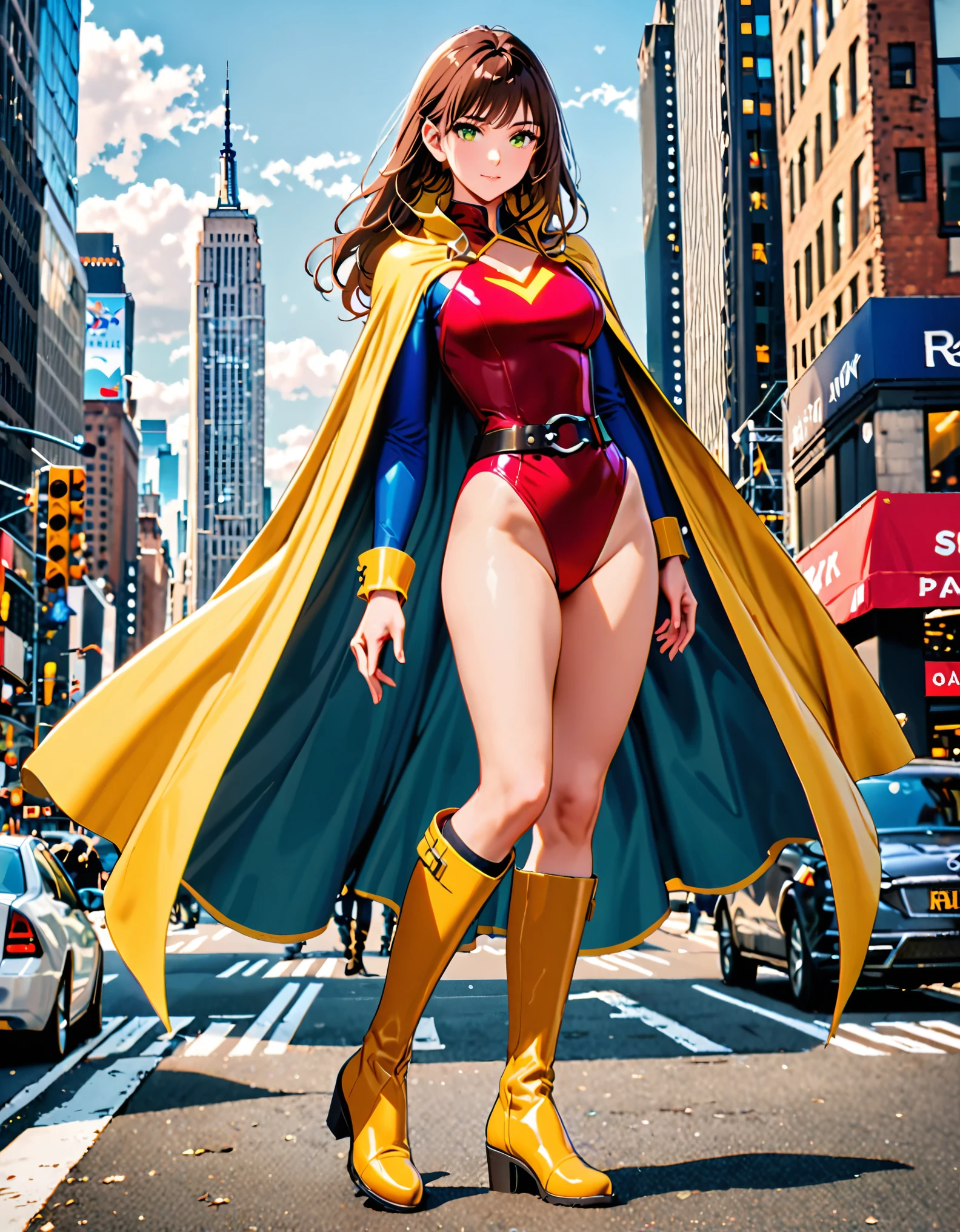 ((best quality)), ((masterpiece)), ((ultra realistic)), (dynamic heroic pose), ((solo)), american, beautiful detailed face, detailed eyes, sexy reporter, (red leotard, long sleeves), new york city backdrop, highly detailed, professional, bare legs, (full body costume design), hands on hip, standing, brown hair, medium hair, green eyes, matching boots, (yellow hawk-shaped crest engraved on chest), blue cape, (yellow thigh-high boots), medium cleavage cutout, turtleneck