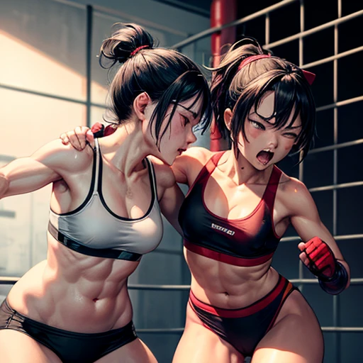 Intense violence. Her opponent's fist is digging into her cheek. A person's face is bent down. Her face is crumpled by the punch of the opponent. Dynamic action. She is suffering. She is cornered in a wire fence, badly beaten by her opponent. She is wearing a sports bra and high-leg panties. Her opponent tries to kill her with a powerful punch. They are exhausted. Two young, beautiful Japanese mixed martial artists are fighting in the octagon. They are slamming their fists into their opponents' bodies. They are covered in blood. Their mouths open, drooling, one eye closed, short of breath. They are sweating profusely. Short-cut black hair. Open finger gloves. Erect nipples. Small breasts.