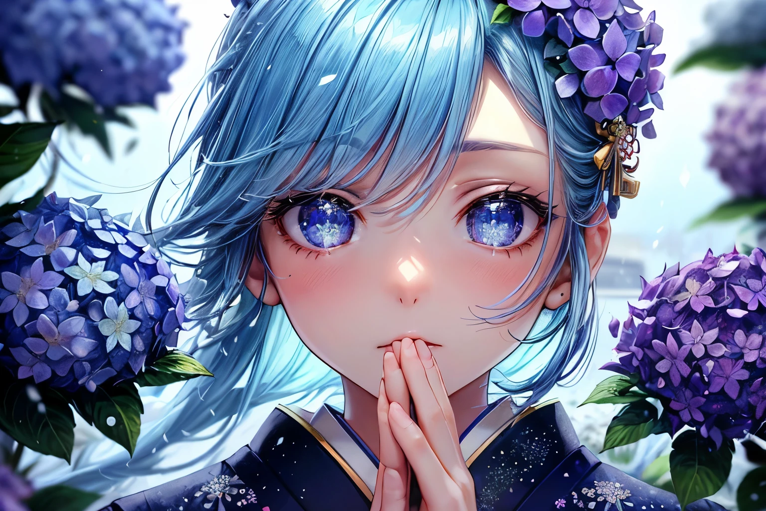 ((Lowest Quality, Low Quality)), ((Girl)), Solo, (Close-up: 1.3), (Face Focus: 1.4), ((Half-up, Light Blue Hair)), Clear Eyes and Plump Lips, Beautiful Blue Eyes: 1.2), Speaking Heart, Praying Hands, (Perfect Hands: 1.3), (Traditional Japanese Costume: 1.2), (She is wearing a kimono with a hydrangea pattern, Delicate and Fine Embroidery: 1.3), Embarrassed, Standing Bow, Looking at the Viewer, Tilts Head, (Snowstorm, Scattered Petals: 1.5), (Light Particles, Light Sparkles: 1.4), Hydrangea Effect, ((Hydrangea Background)), High-Angle Shot, Must-Have, Best Quality, Super Detailed,