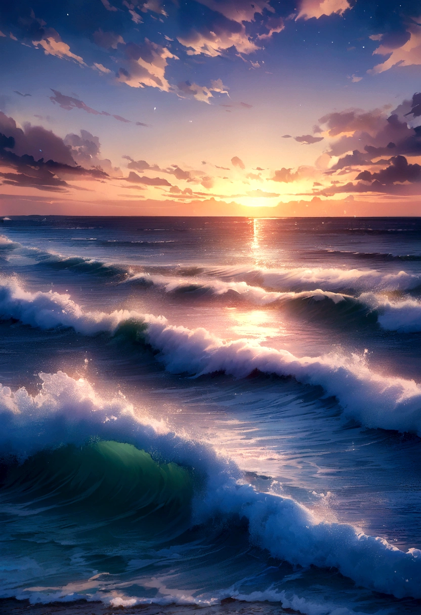(best quality,4k,8K,High resolution,masterpiece:1.2),Extremely detailed,(Practical,photoPractical,photo-Practical:1.37),Bright colors,Ocean Sunset,Beautiful and detailed waves,Reflects the sun's rays,magnificient clouds,Dramatic skies,Silhouette of a sailing ship,spectacular horizon,Glowing orange and purple shades,Tranquil atmosphere,Soft waves lap gently,Peaceful and tranquil scene,The sun shines on the water and sparkles,Peaceful atmosphere,Ethereal Beauty,with a touch of romance,Mesmerizing sunset view,sea breeze,waves crashing on the shore,Magnificent and breathtaking scenery,Peace and tranquility,Seagulls flying in the distance,Seamless transition from day to night,the tranquility of the ocean,Ripples in the water,Create a dreamlike effect,Soft lighting illuminates the scene,Tranquil and magical environment,Secluded and unspoiled beach,Overture and the Call of the Sea,The mystery and vastness of the ocean,Let people feel the call of the ocean。The waves lap gently at the shore,The breeze blows across the sea,Bringing legends and stories from far away。The focus here is to create a mysterious and beautiful atmosphere,Draw listeners into the fantasy world of the seven seas。
