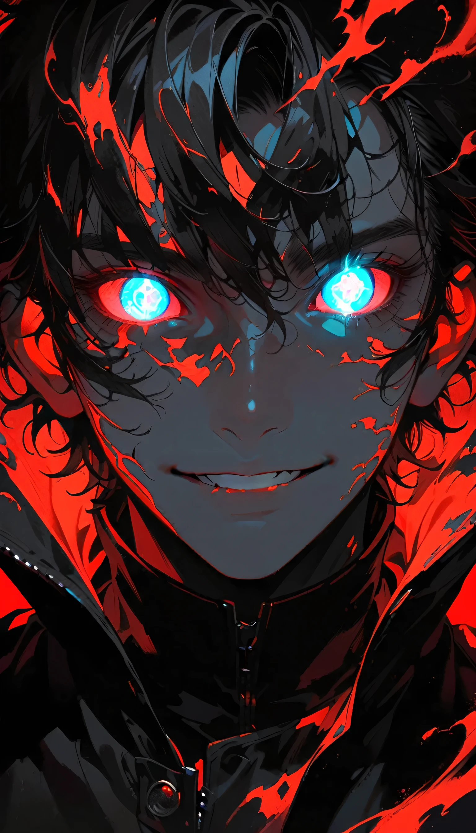 solo, looking at viewer, smile, 1boy, jacket, monochrome, male focus, parted lips, glowing, portrait, glowing eyes, spot color, high collar, glowing eye, red theme ,anime type and high details