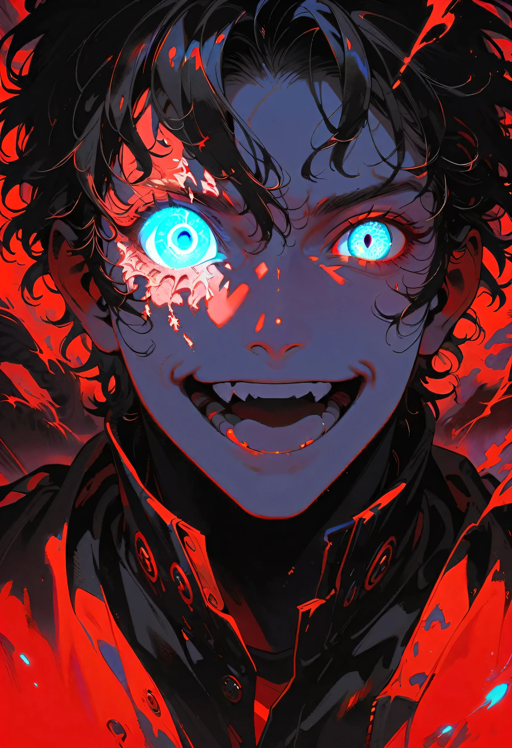 Solitary, Looking at the audience, Smile, 1 boy, jacket, monochrome, Male focus, Open your mouth, luminescent, portrait, luminescent eyes, spot color, Boss, luminescent eye, Red Theme ,Anime type and high detail