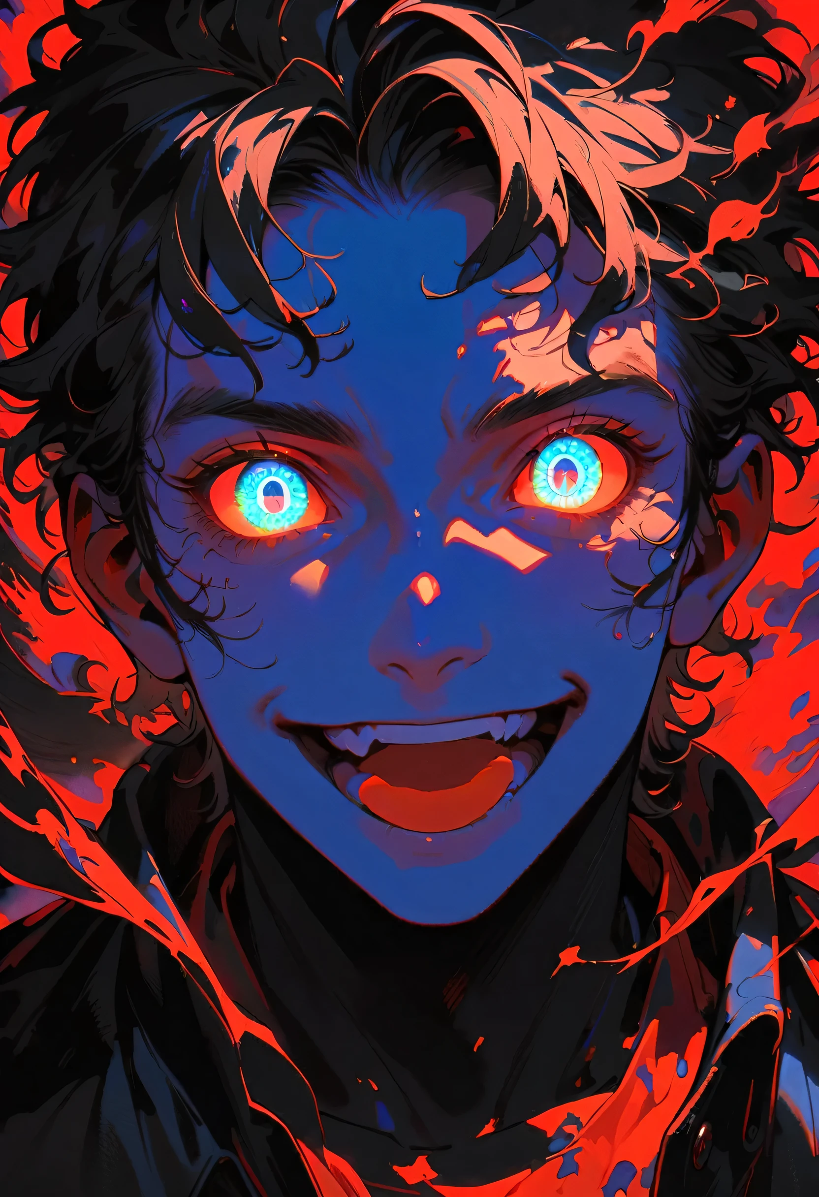 Solitary, Looking at the audience, Smile, 1 boy, jacket, monochrome, Male focus, Open your mouth, luminescent, portrait, luminescent eyes, spot color, Boss, luminescent eye, Red Theme ,Anime type and high detail