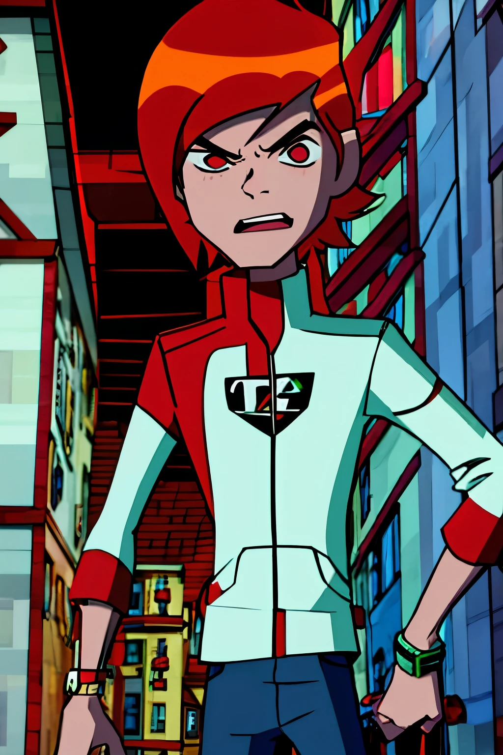 Ben 10 An 18-year-old boy with red and/or white hair and a red and white coat with the omnitrix on his right arm 