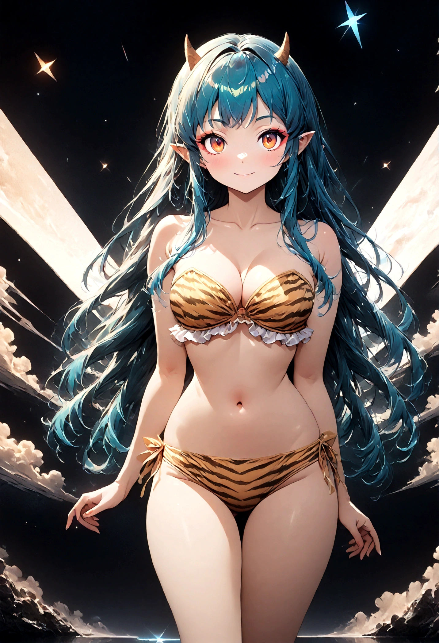 takahashi rumiko style,(1 girl,Lum, long hair, bangs, blue hair, orange eyes, horns, pointy ears, aqua hair, oni horns, eyeshadow,),navel, cleavage, swimsuit, bikini, strapless, animal print, yellow bikini, tiger print, strapless bikini,,the character Lum from "Urusei Yatsura",Bright and cheerful atmosphere,Background elements such as space or a starry sky,(masterpiece:1.3),(highest quality:1.4),(ultra detailed:1.5),High resolution,extremely detailed,unity 8k wallpaper