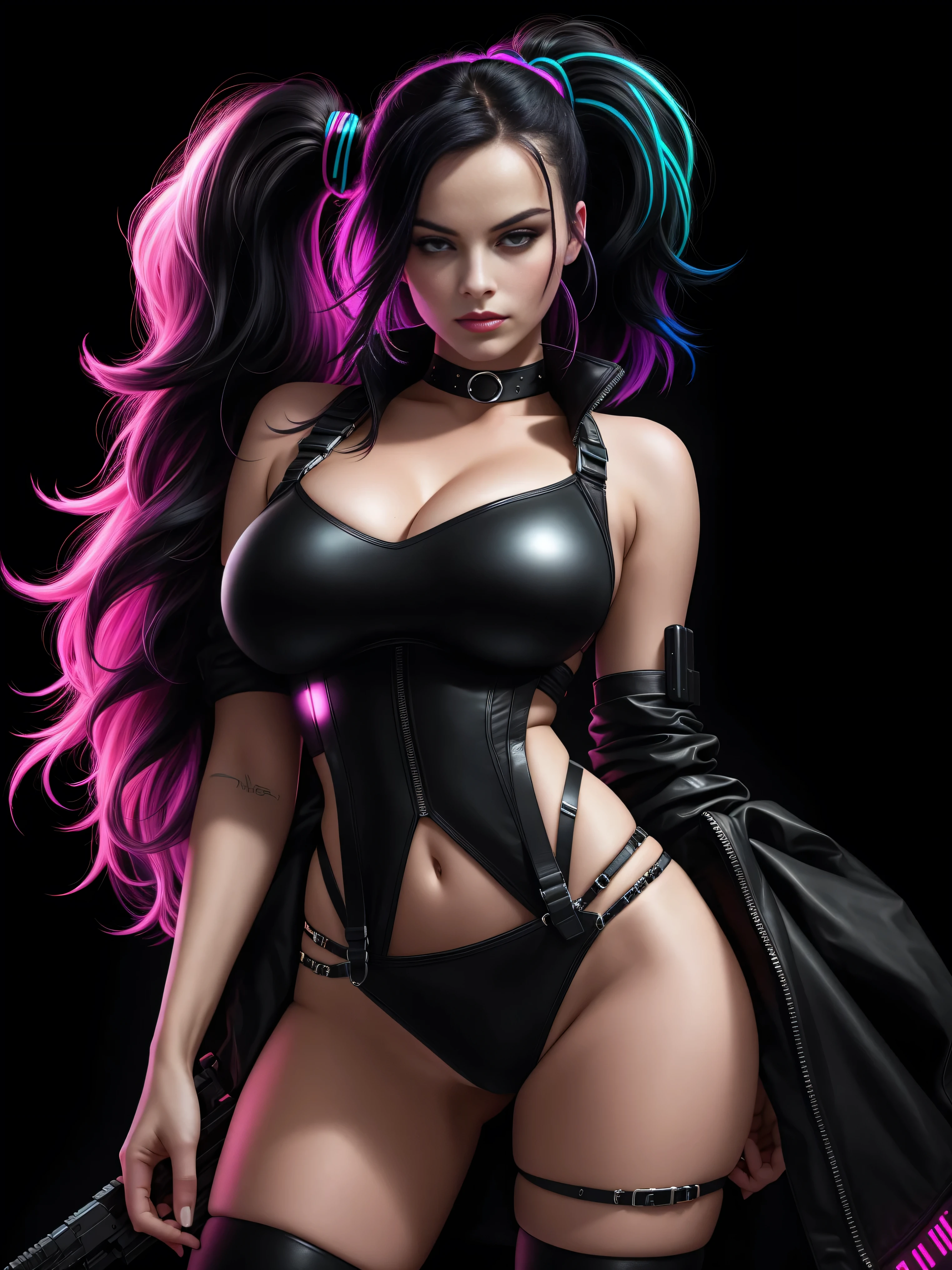 there is Margot Robbie, black neon streaked hair, hair in pony tail, 3 d neon art of a womans body, neon-noir background, cyberpunk femme fatale, seductive cyberpunk dark fantasy, cyberpunk strip clubs, cyberpunk 20 y. o model girl, oppai cyberpunk, banner, high definition cgsociety, cgsociety masterpiece, trending on cgstation, kda, random hair, looking at camera, gigantic breasts, cleavage, (high detailed skin:1.2), 8k uhd, dslr, super lighting, high quality, film grain, high res, highly detailed, hyper realistic, beautiful face, beautiful body, beautiful eyes nose lips, alluring expression, very bold, upper visible, full body photo, standing legs apart, pale translucent glowing skin, most beautiful face, cute, (well defined pubic hair:1.2)), (dark plain black background:1.4))