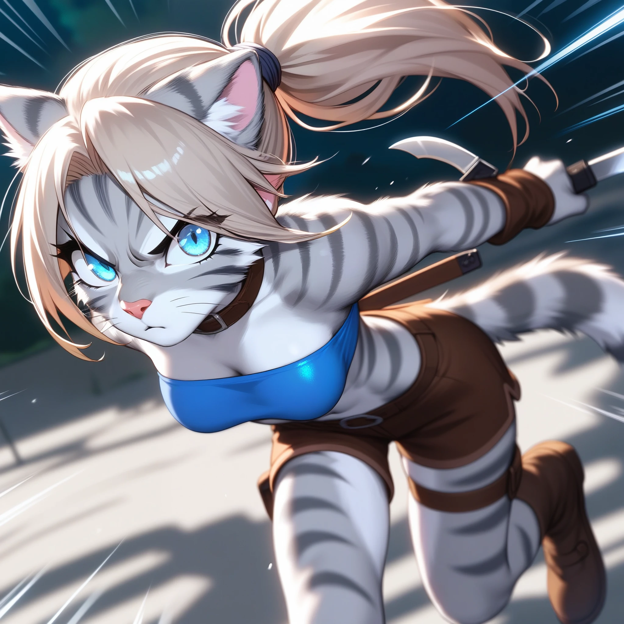 score_9,score_8_up,score_7_up, source_cartoon, source_furry, Kat, Anthro furry feline girl, tall body, hourglass figure, adult female, blue eyes, :3, snout, pink nose, silver furry body, grey tabby cat stripes, long blonde hair, hair in a ponytail, wearing blue bandeau, brown short shorts, brown boots, leather straps accessories, holding two knives, Naruto running, running towards viewer, angry expression, glowing blue eyes, outdoors, from above, dynamic action shot, speed lines, motion blur, hands behind back