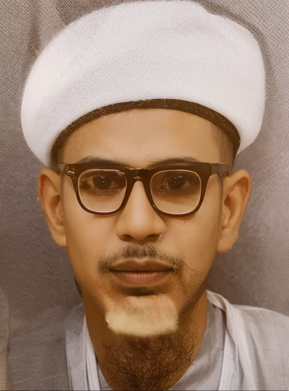 Seorang laki-laki memakai surban putih, baju jubah, memakai kacamata,berjenggot dan kumis tipis sedang melihat ke depan kamera