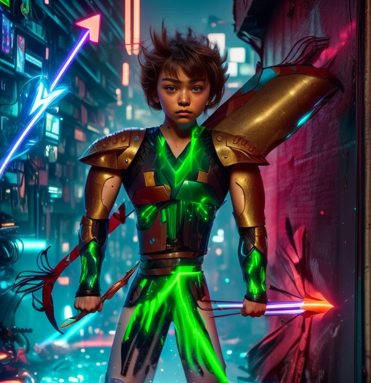 (ultra realistic,32k, masterpiece:1.2, UHD),(high detailed skin:1.1),( high quality:1.1), 1 boy, brown short raw cut hairs, brown eyes, green techno fantasy armor, cyberpunk, techno fantasy bow with ((energy bow arch)),((energy arrows)), caucasian race, light decourations, (20 years old)