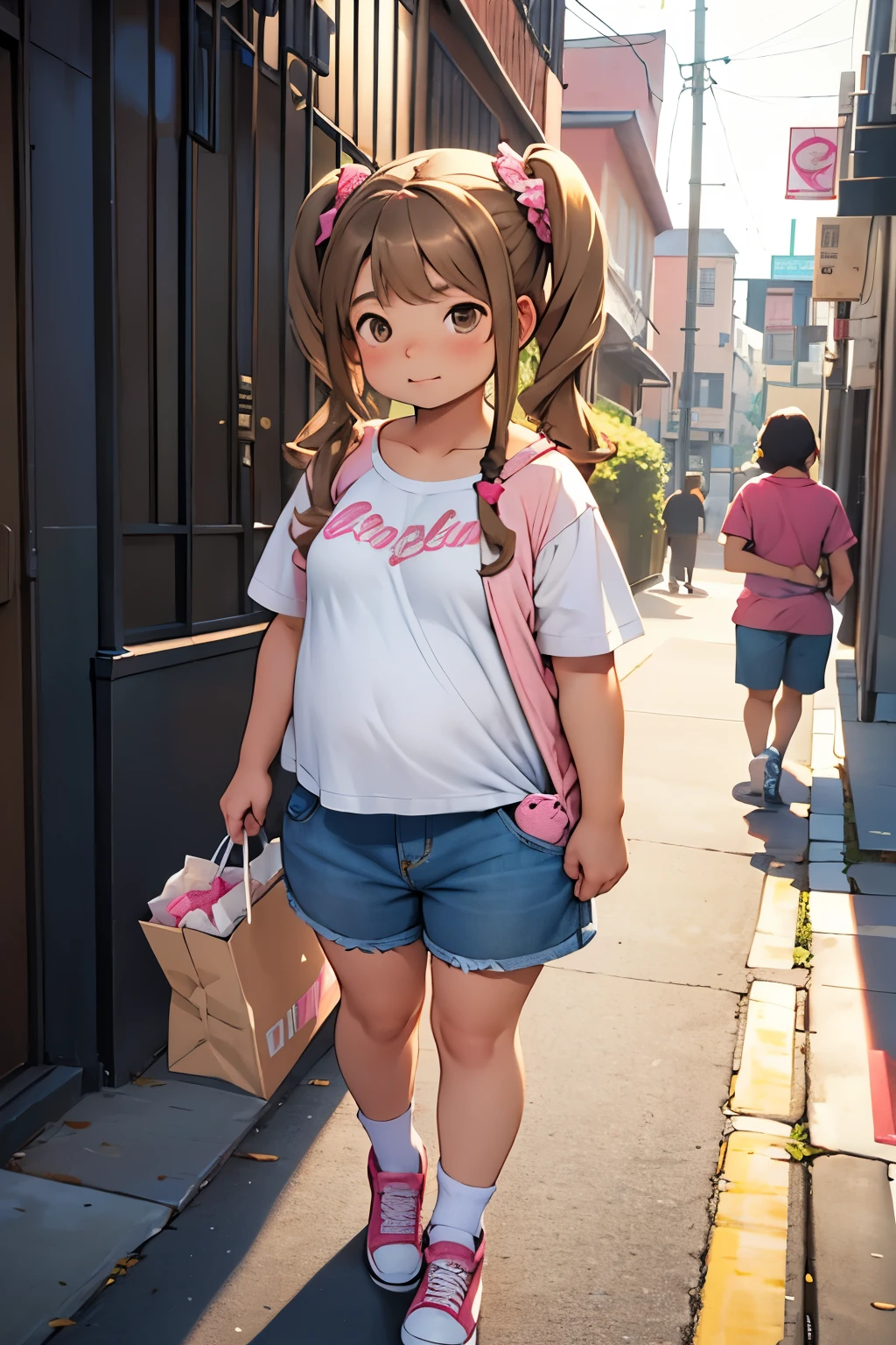 a cute girl, a cute 12 years old cchubby body, witht light brown wavy voluminous hair in a voluminous pigtails and brown eyes, dressing a white shirt and jeans shorts, fat girl, pink sneakers